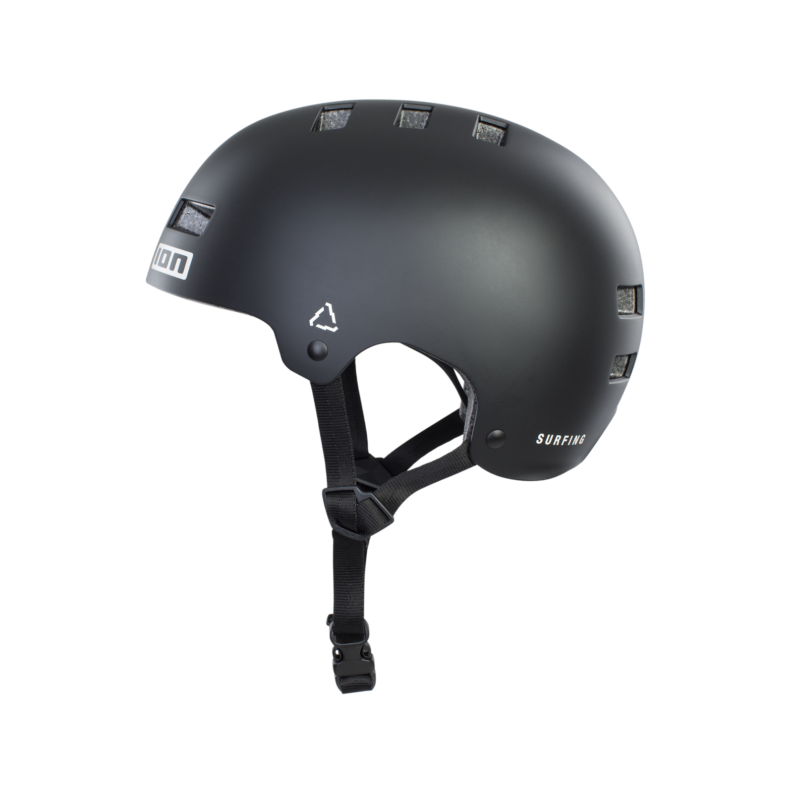 ION Seek helmet in matte black, left side profile with ventilation ports and adjustable chin strap