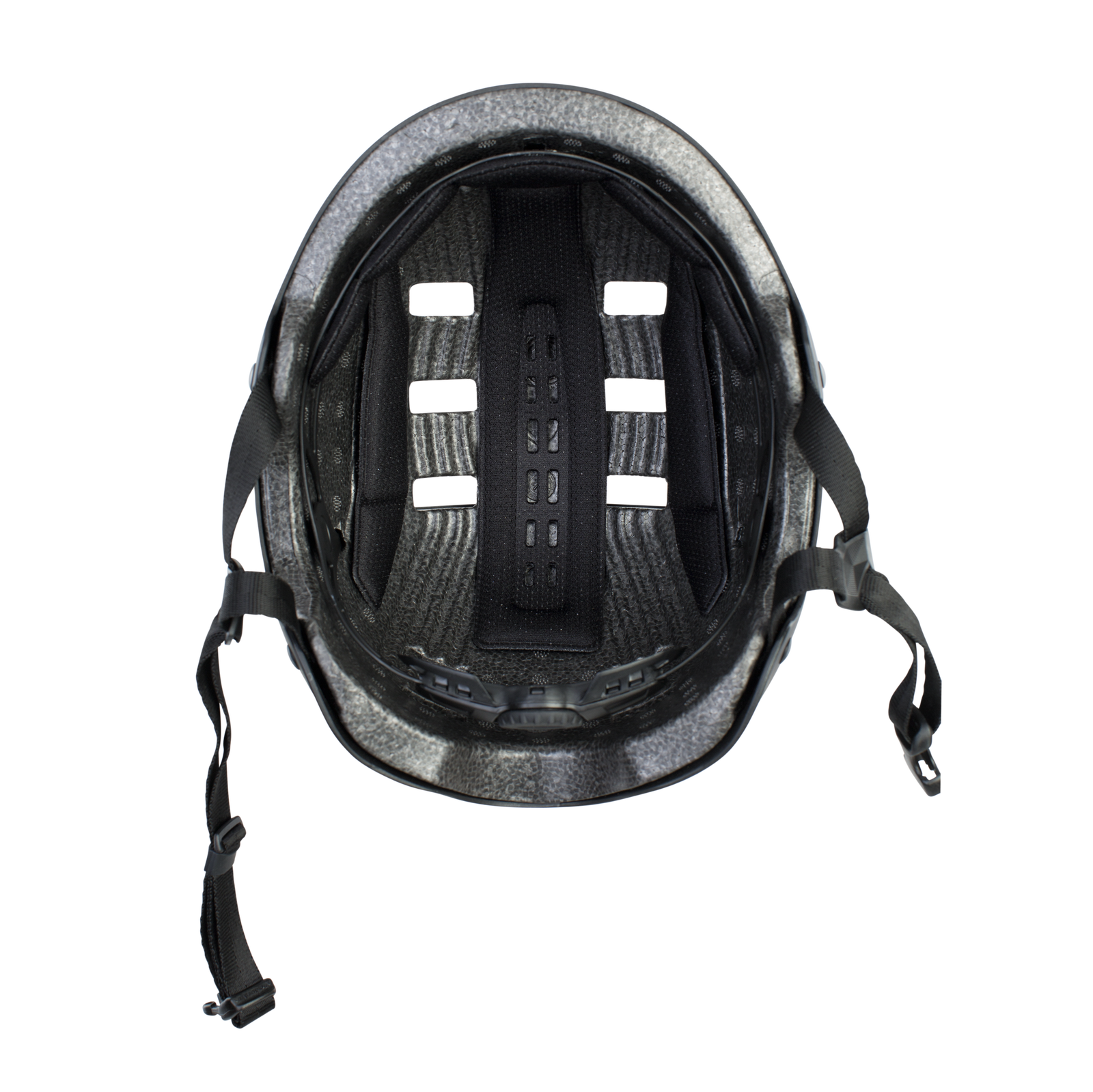 ION Seek helmet top-down interior view showing padding and strap system in charcoal grey