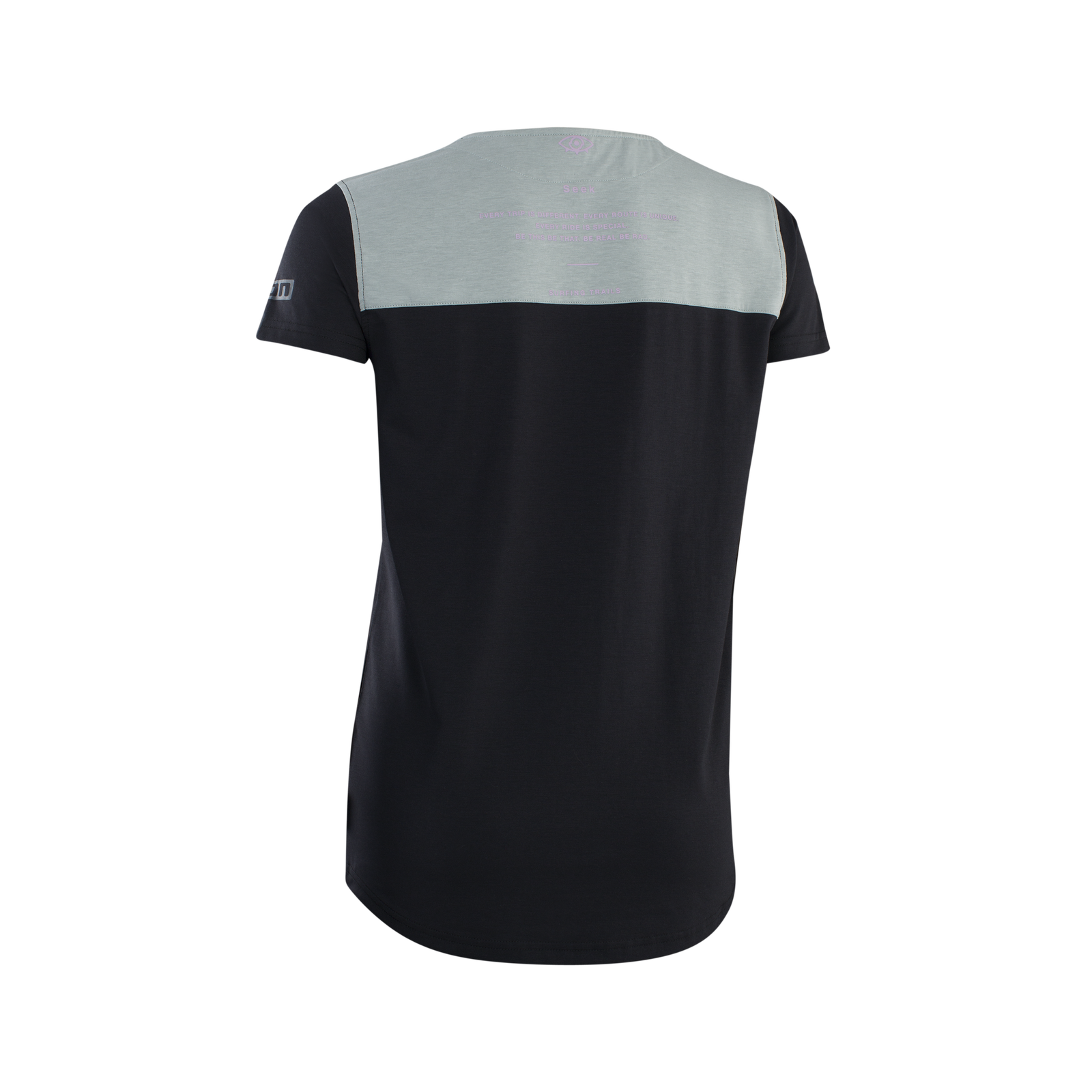 ION Seek Amp short-sleeve women's cycling jersey in black and light grey for mountain biking – back view