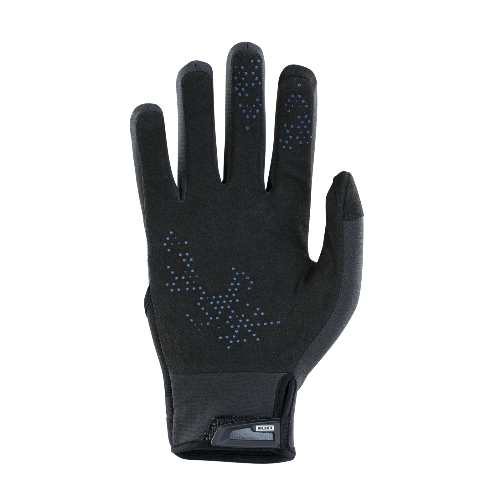 ION Haze Amp full-finger bike gloves in black with blue silicone dot grip pattern