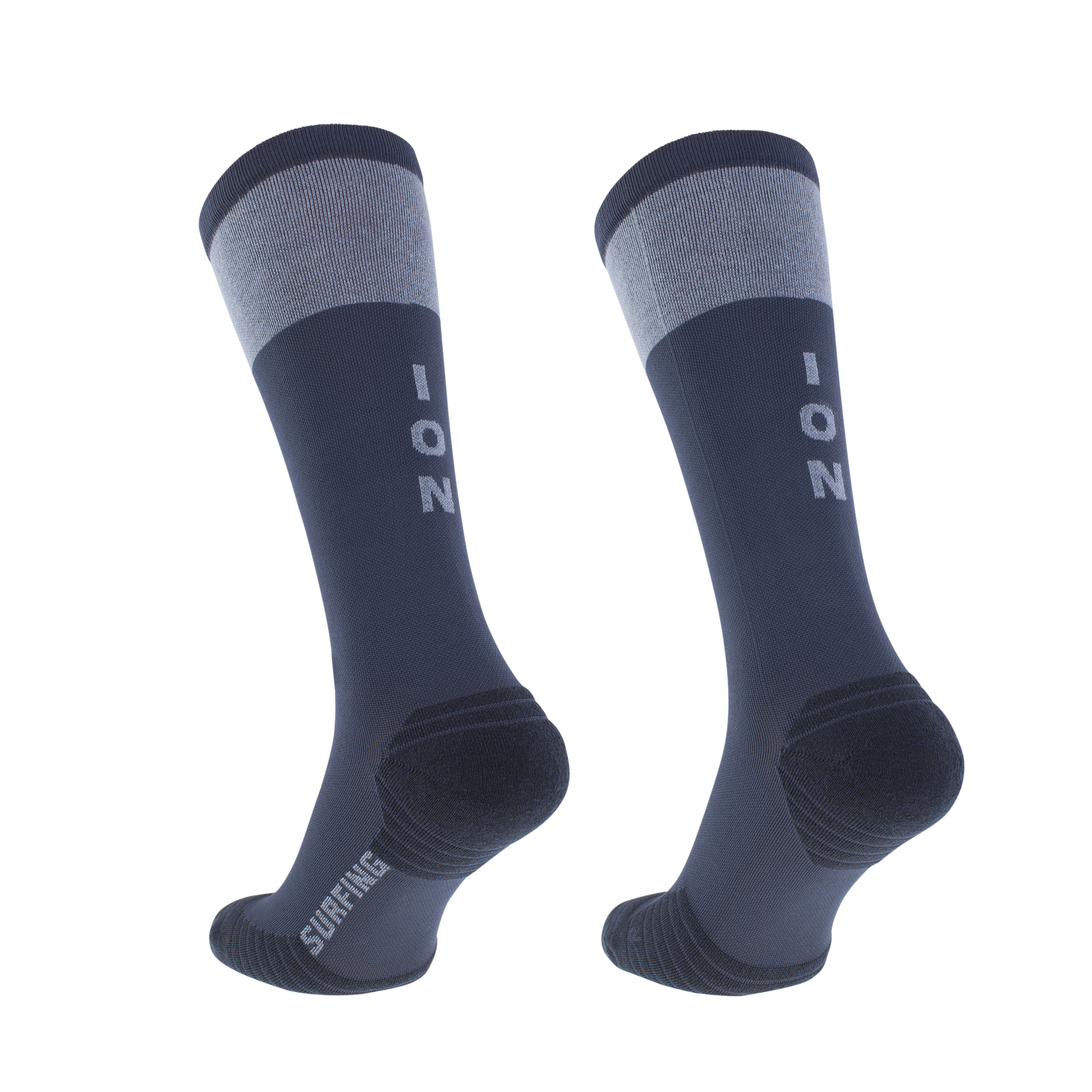 ION Bike Socks long unisex cycling socks in navy blue and grey, rear view pair