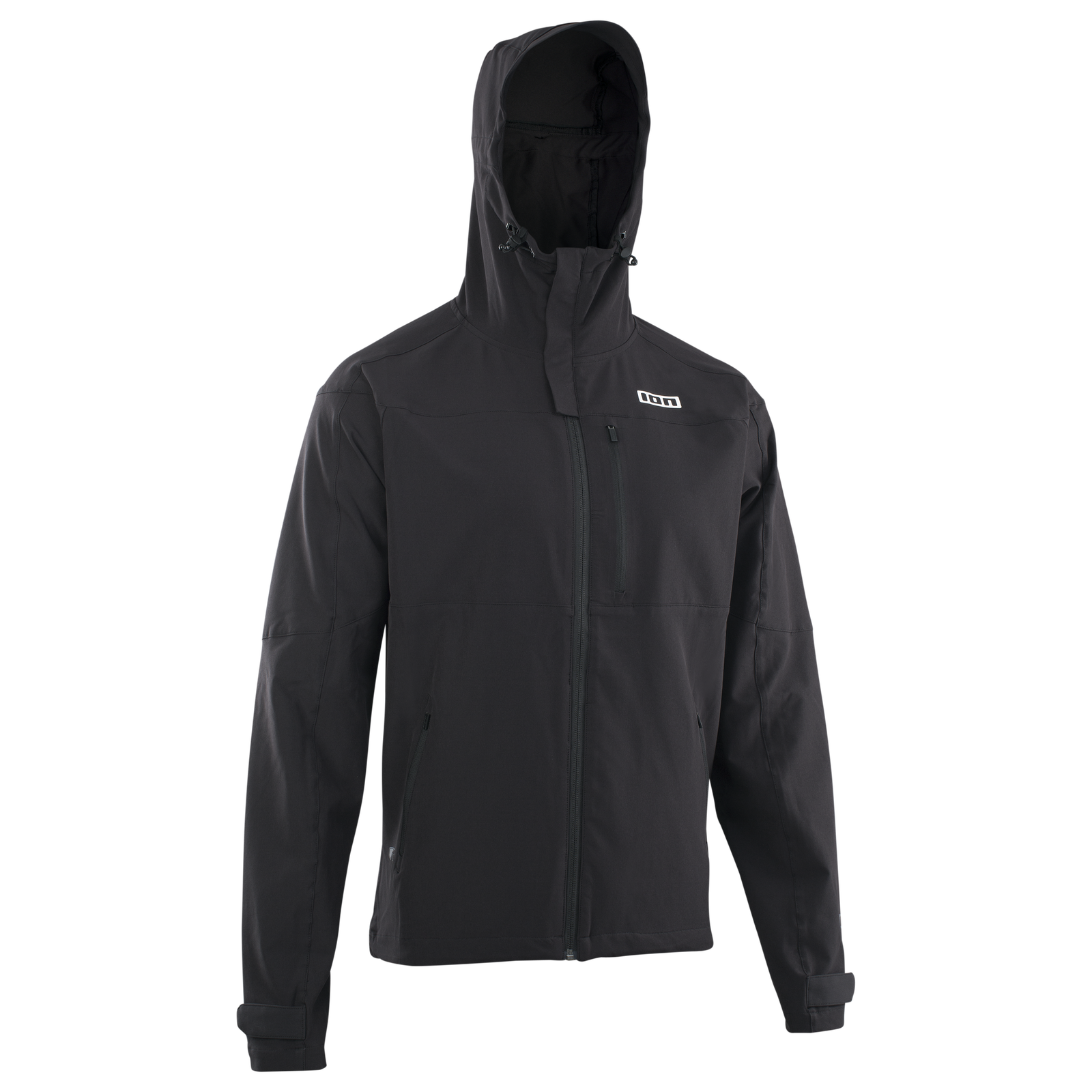 ION Shelter 4W softshell cycling jacket men in black with helmet-compatible hood for mountain biking