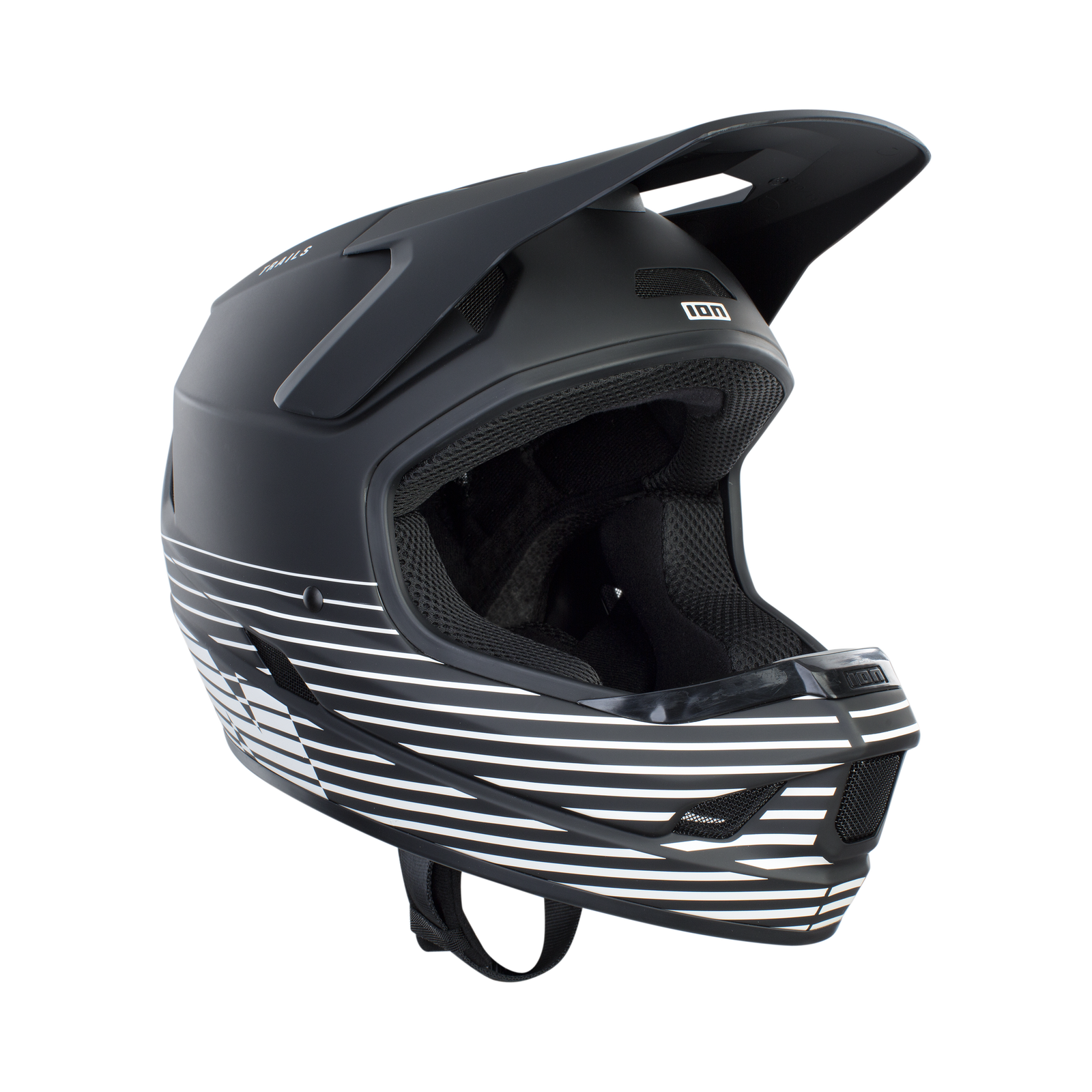 ION Scrub Amp Fullface-Helm für Enduro und Downhill in mattschwarz mit weißen Streifen