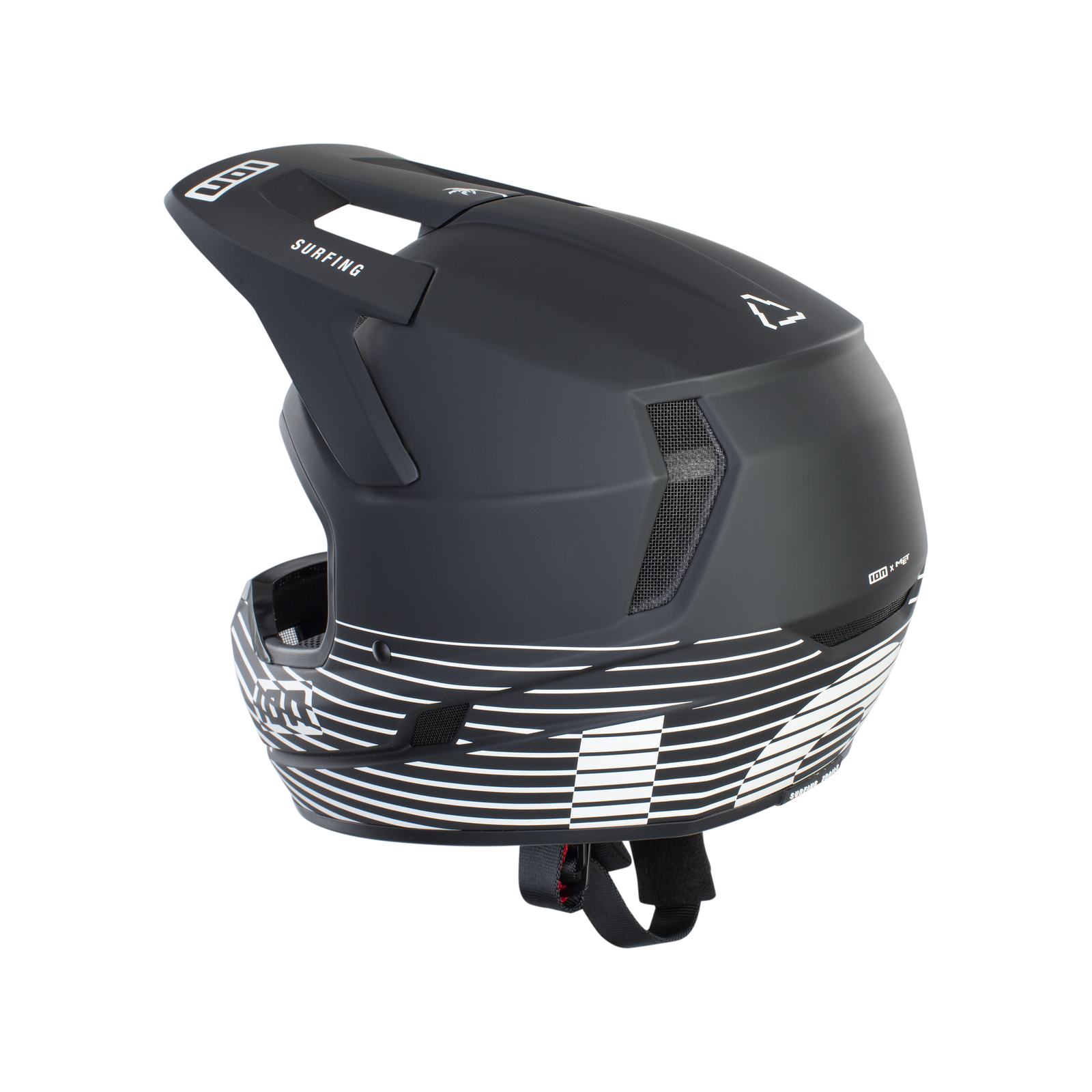 ION Scrub Amp Fullface MTB-Helm in mattschwarz mit weißem Grafikstreifen, CE-zertifiziert
