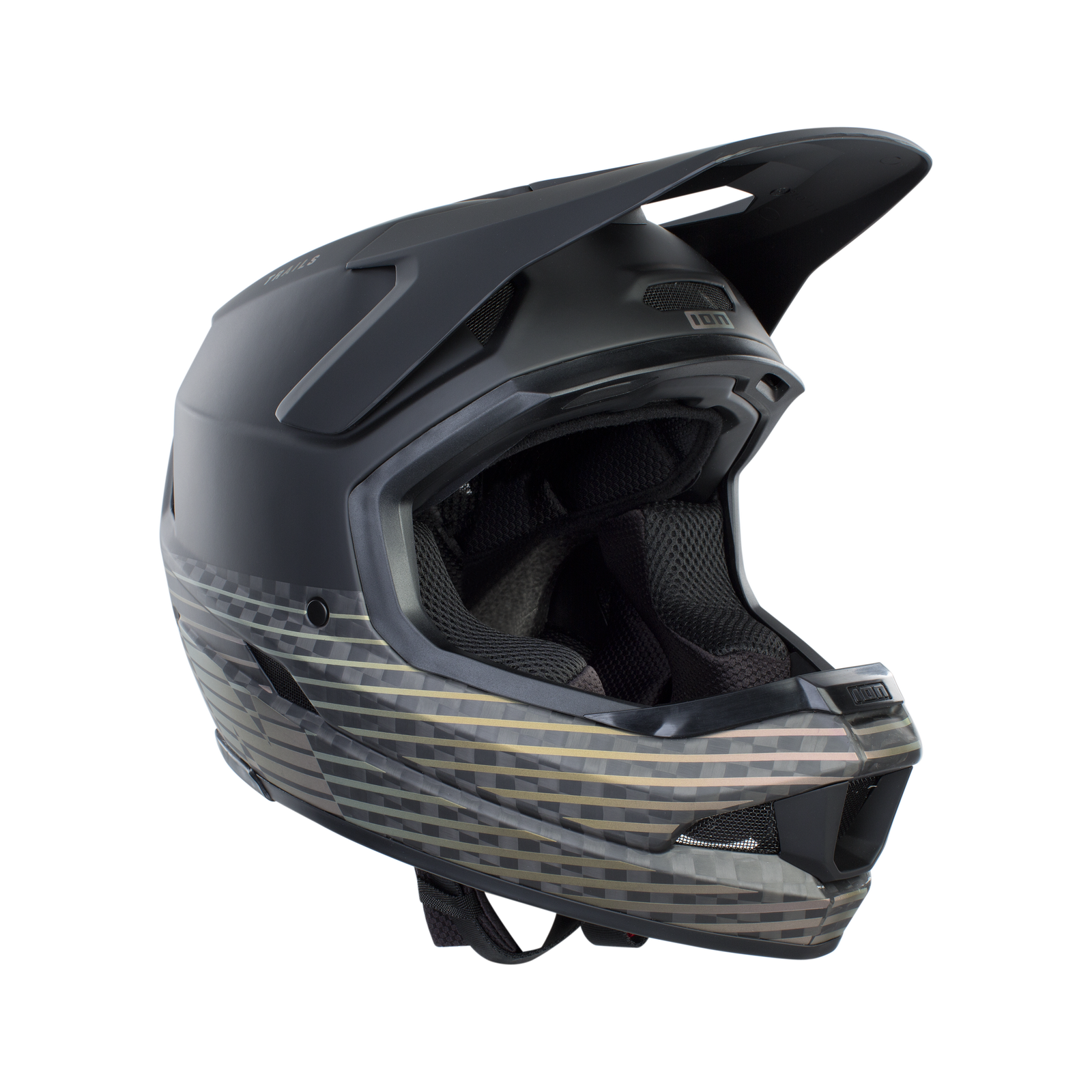 Casco integrale ION Scrub Select MIPS in nero opaco con grafica a strisce geometriche per enduro e discesa