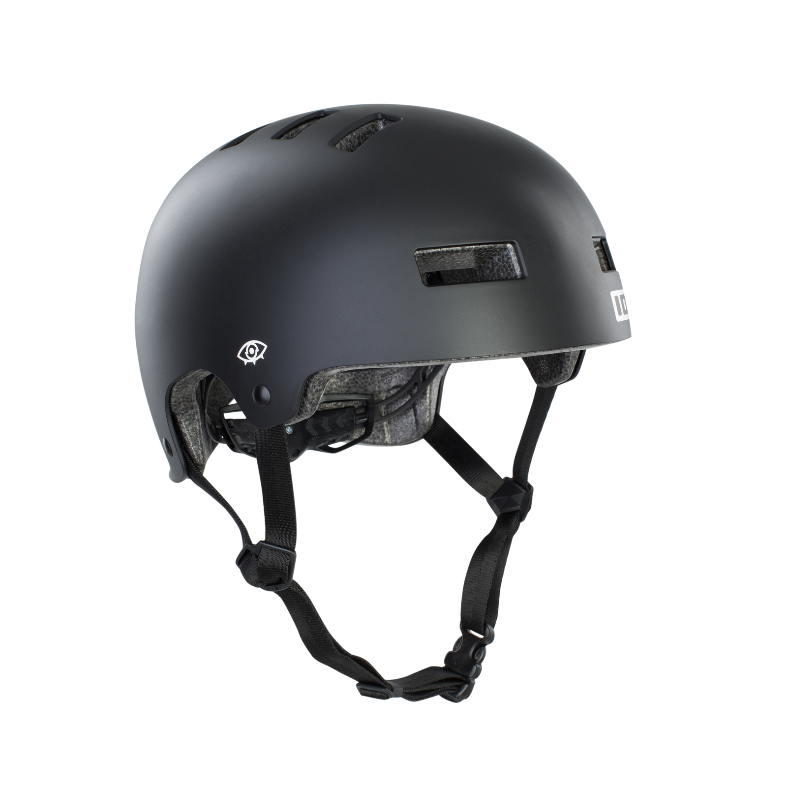 ION Seek helmet unisex in matte black with adjustable chin strap and ventilation slots
