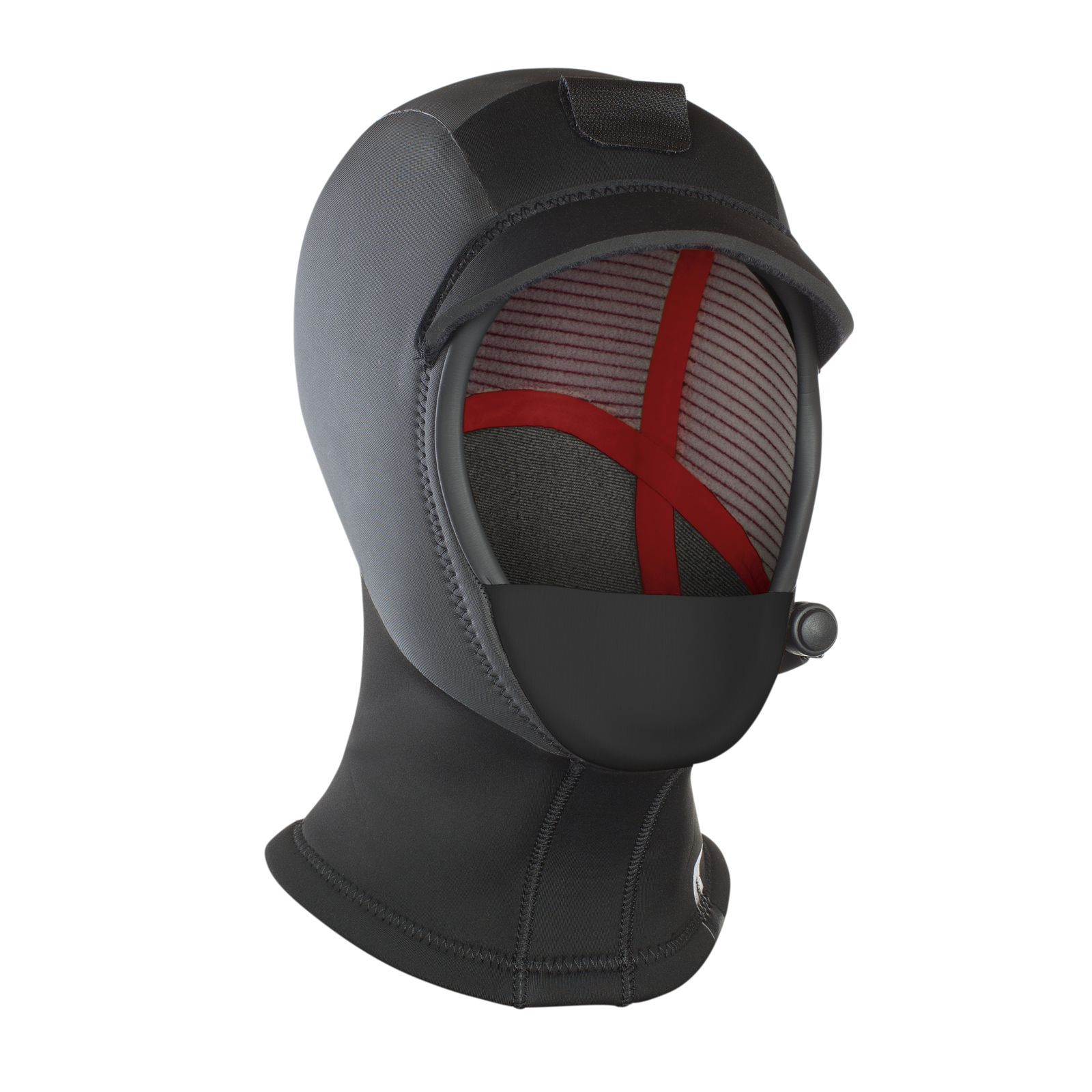 ION Neo Hood 3/2 cagoule en néoprène noire, vue de face avec doublure thermique intérieure visible