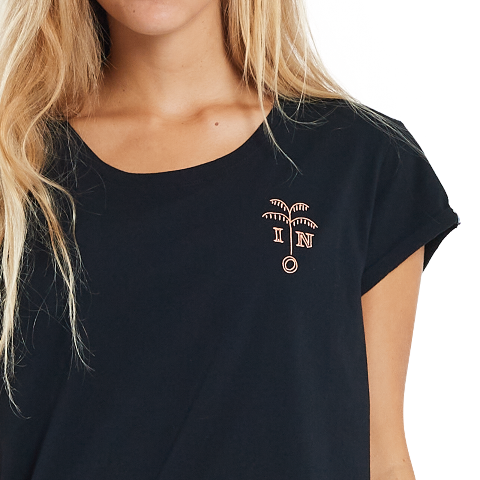 ION Tee Graphic SS women short-sleeve t-shirt in black with gold palm graphic on chest