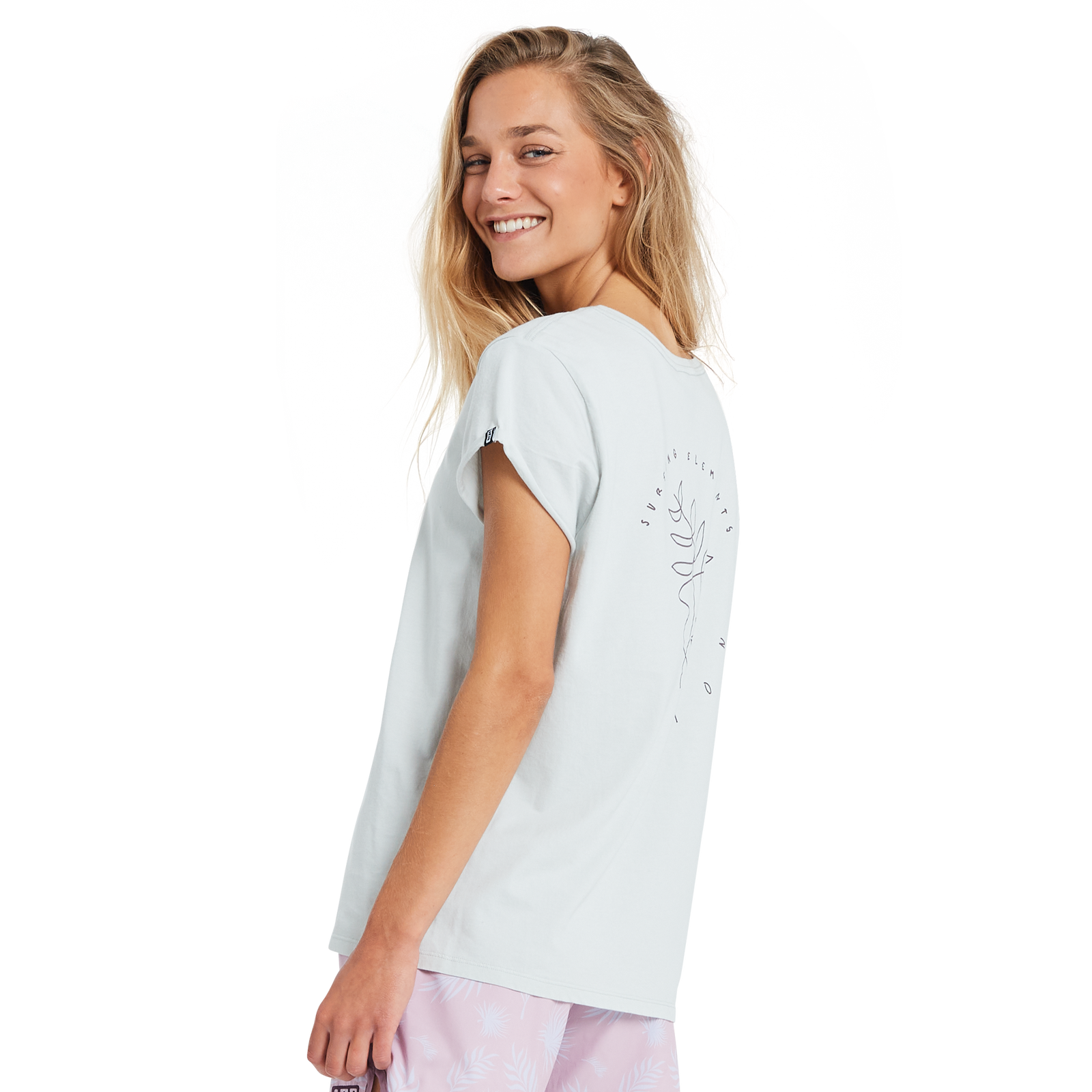 T-shirt ION Stoked femme en menthe pâle avec imprimé dos artistique, porté sur modèle