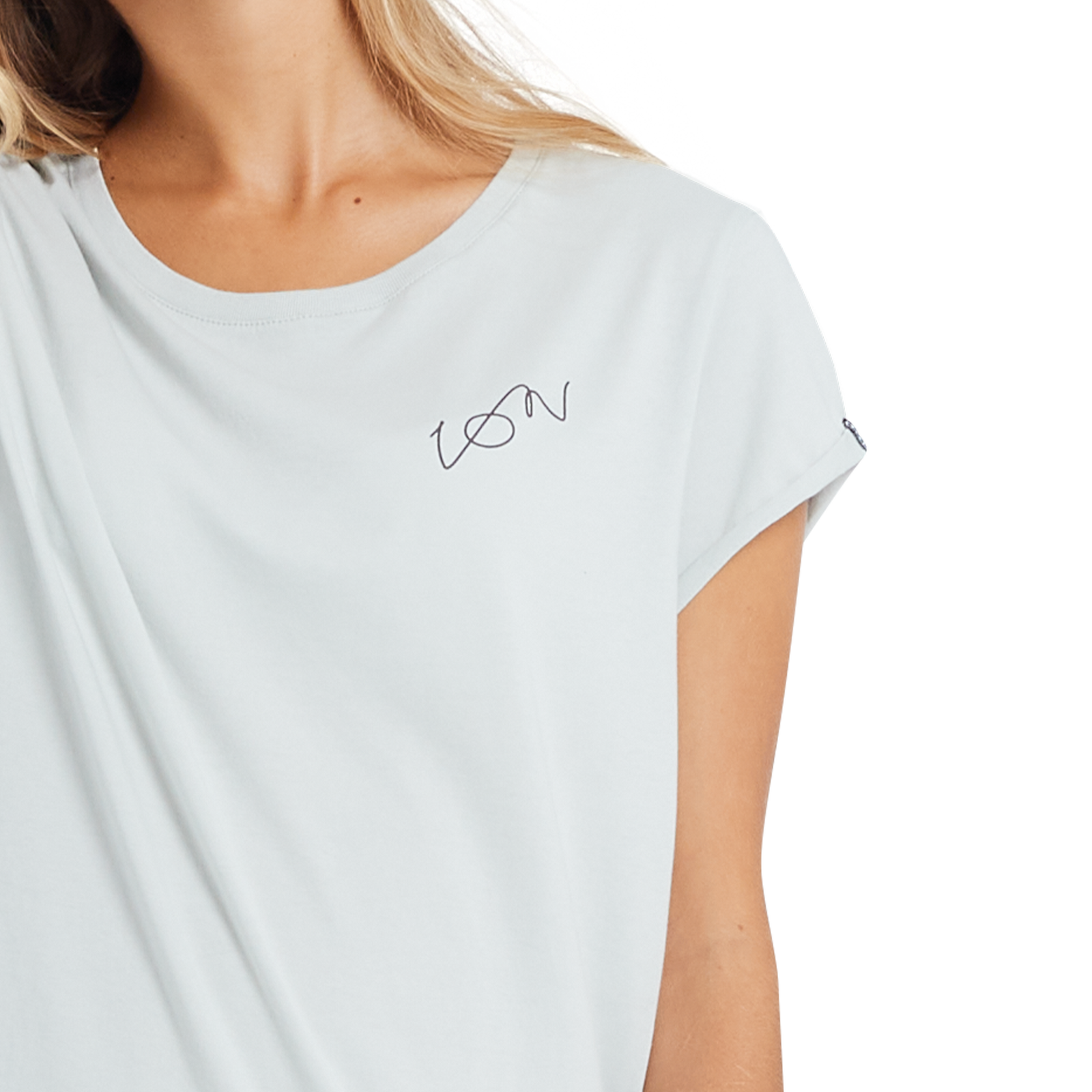 T-shirt ION Stoked femme en bleu pâle avec logo ION poitrine – vue détail