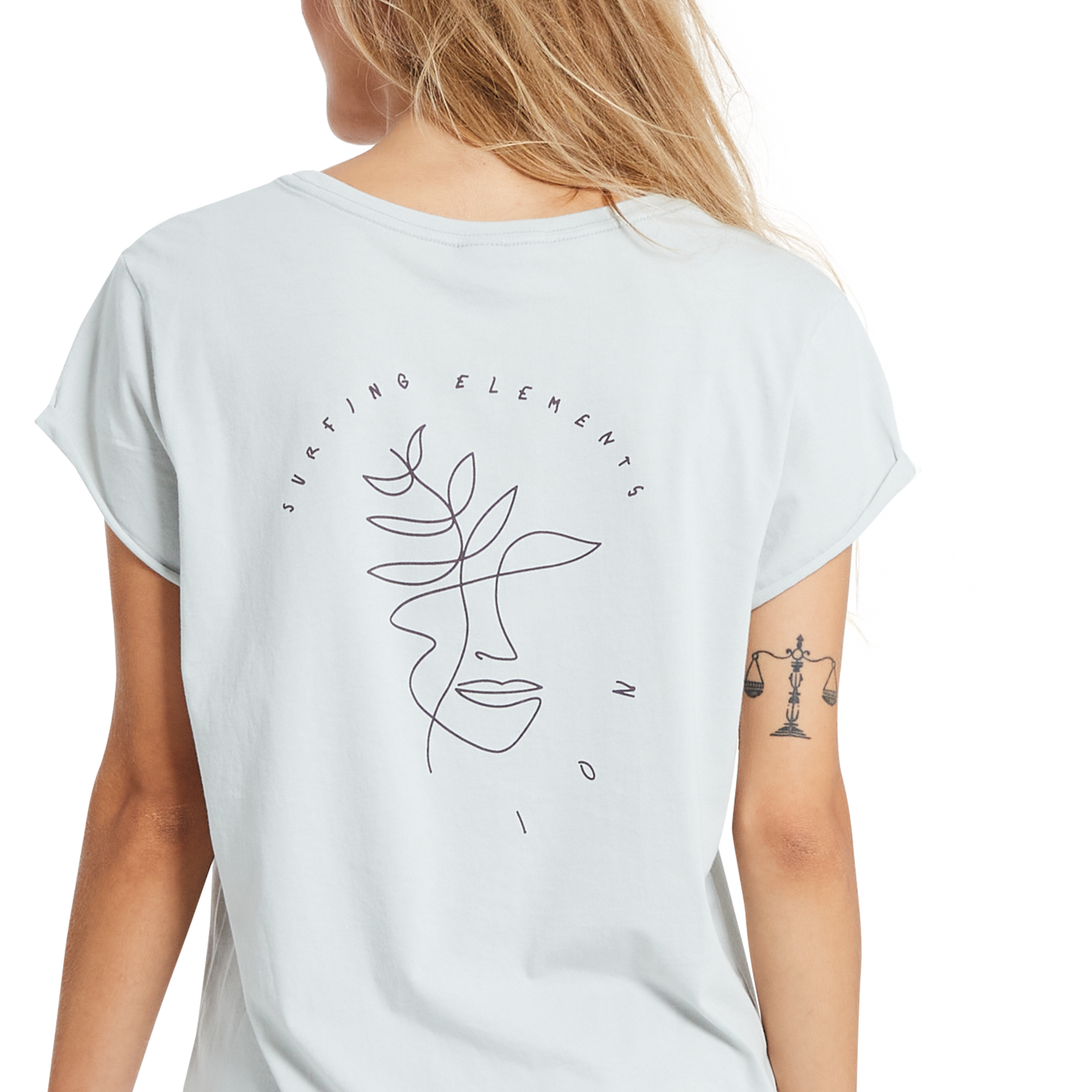 T-shirt femme ION Stoked en bleu pâle avec imprimé dos art linéaire, vue de dos