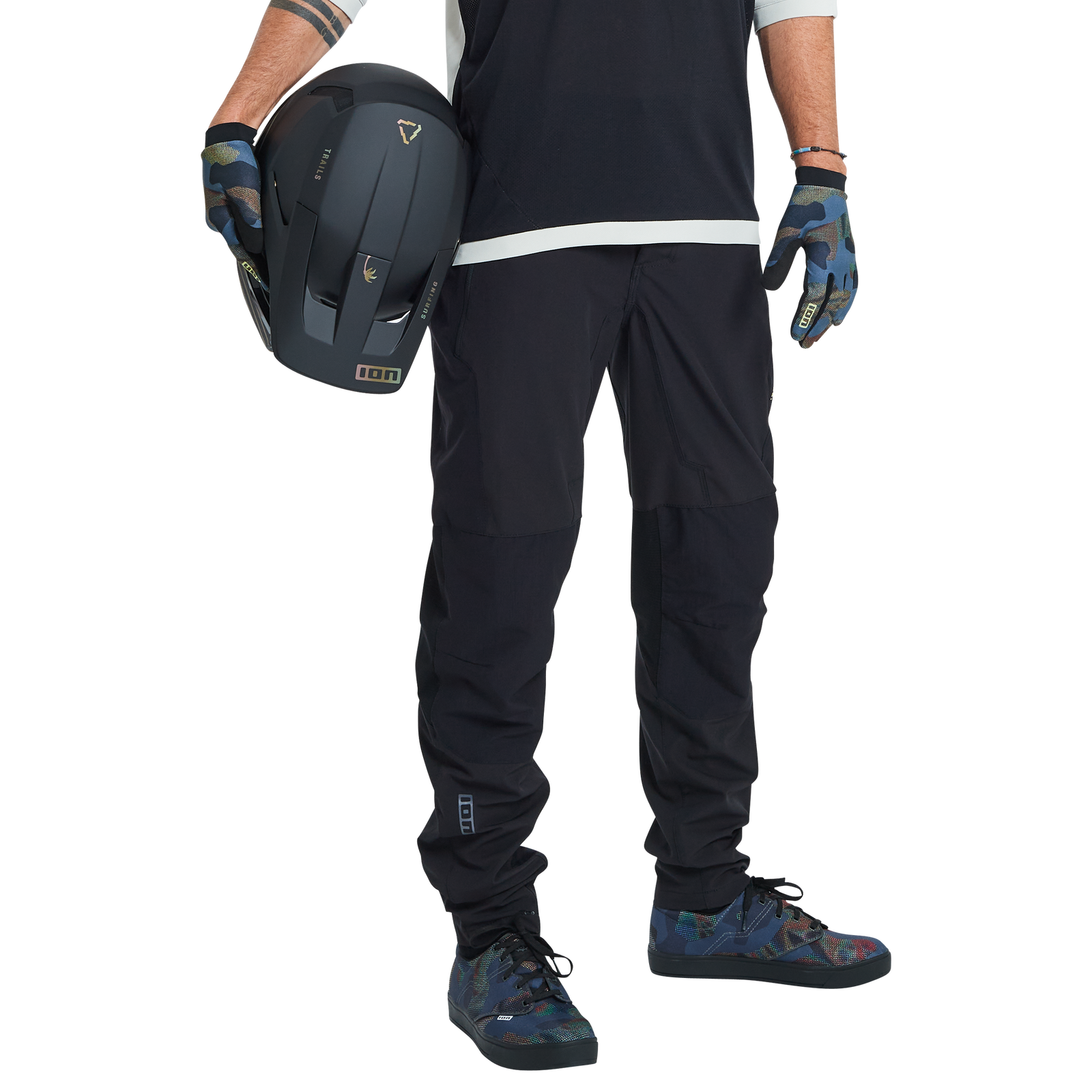 ION Bike Scrub Amp BAT cycling pants in black for mountain biking, front view on model