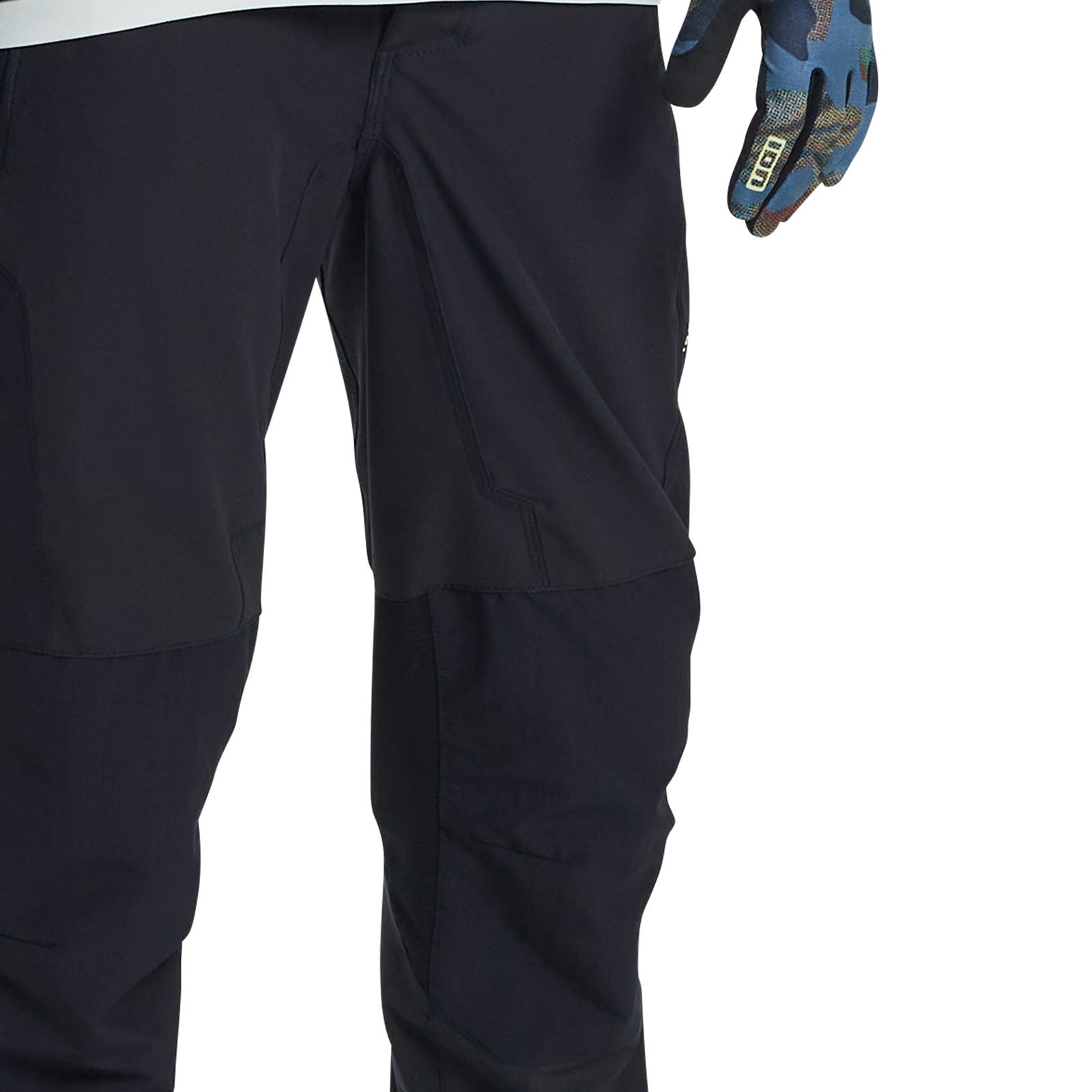 ION Scrub Amp BAT mountain bike pants in black with Cordura knee panel for enduro and trail riding