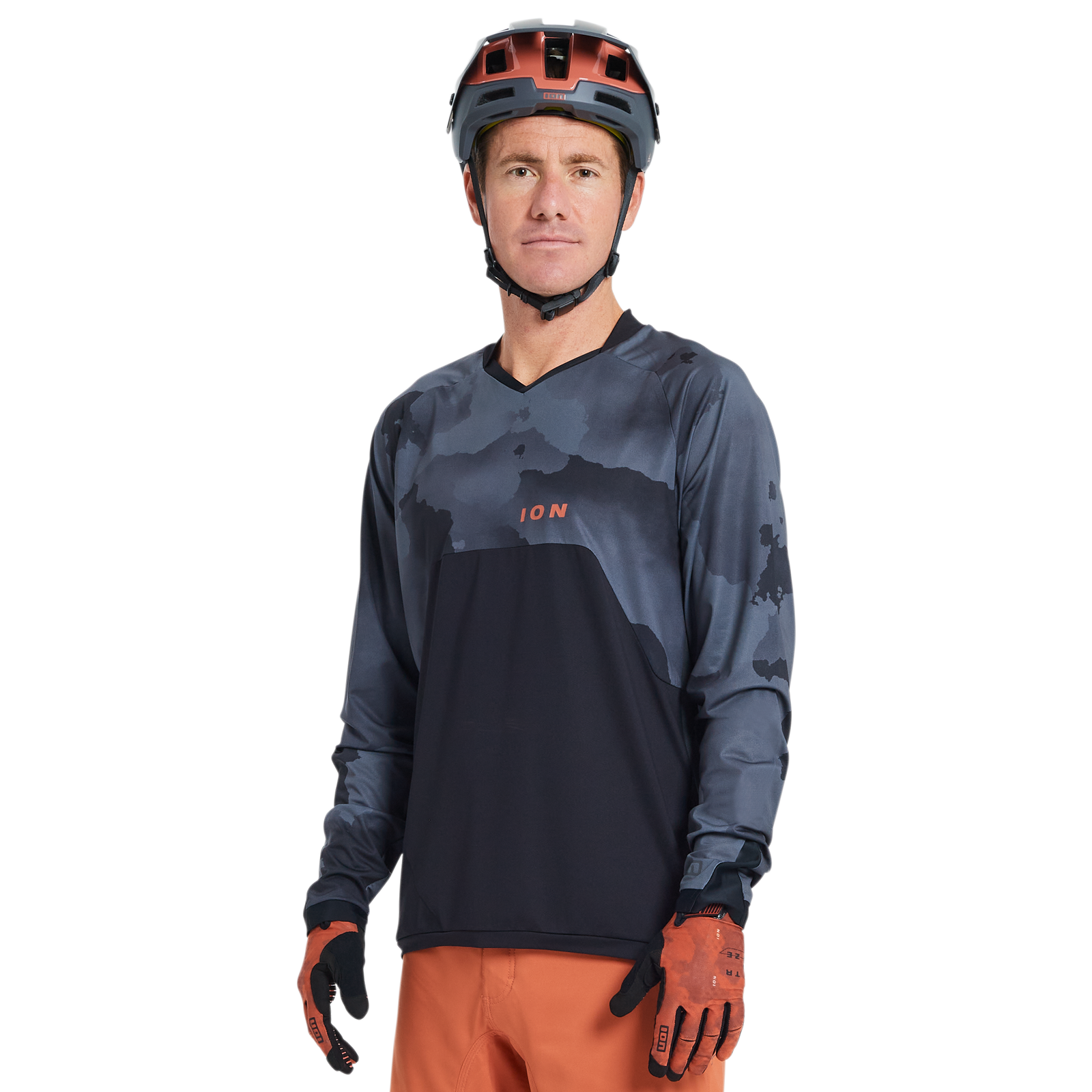 ION Bike Traze Amp long sleeve cycling jersey for men in dark navy camo for enduro and all-mountain riding