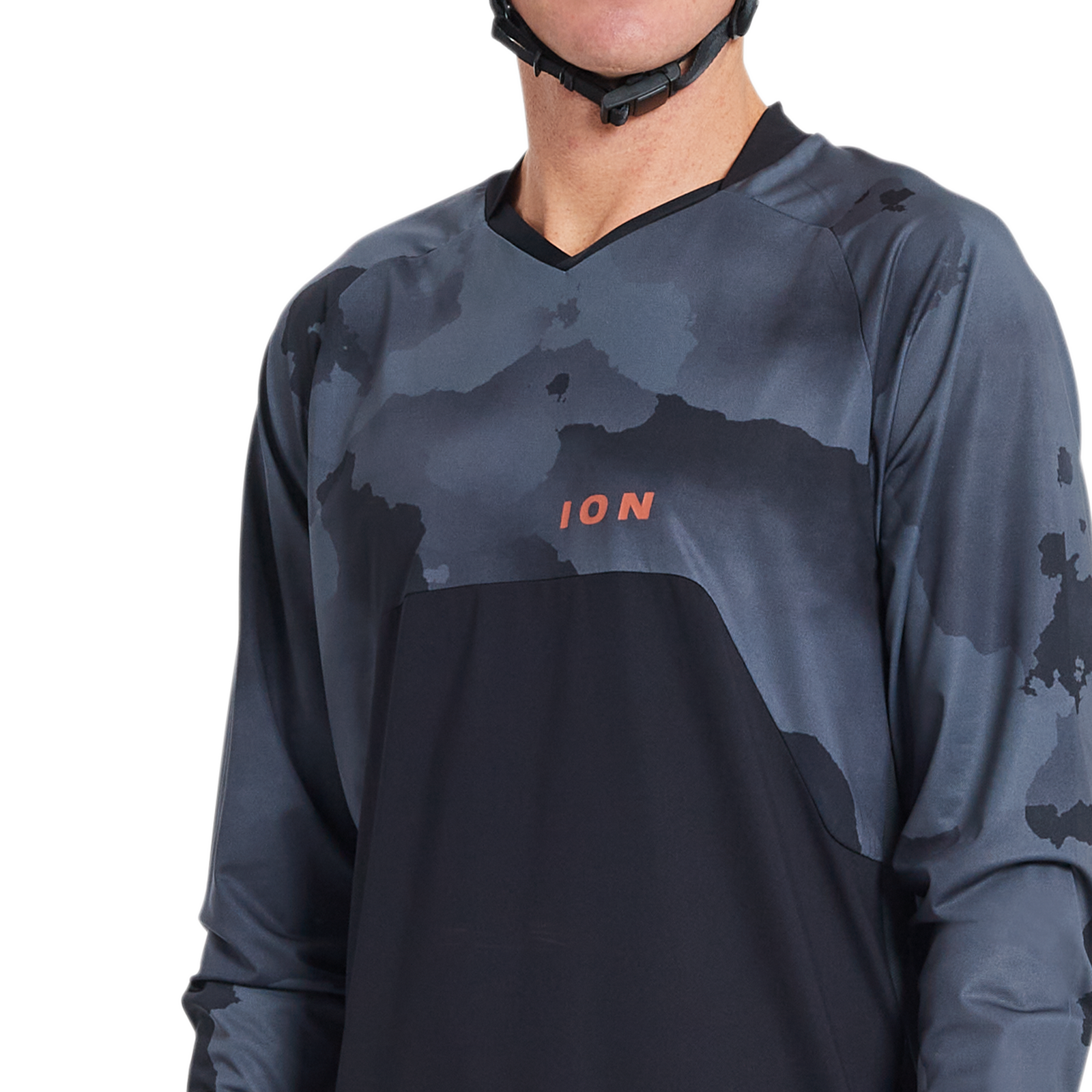 ION Bike Traze Amp long-sleeve cycling jersey for men in black and grey camo print for enduro and all-mountain