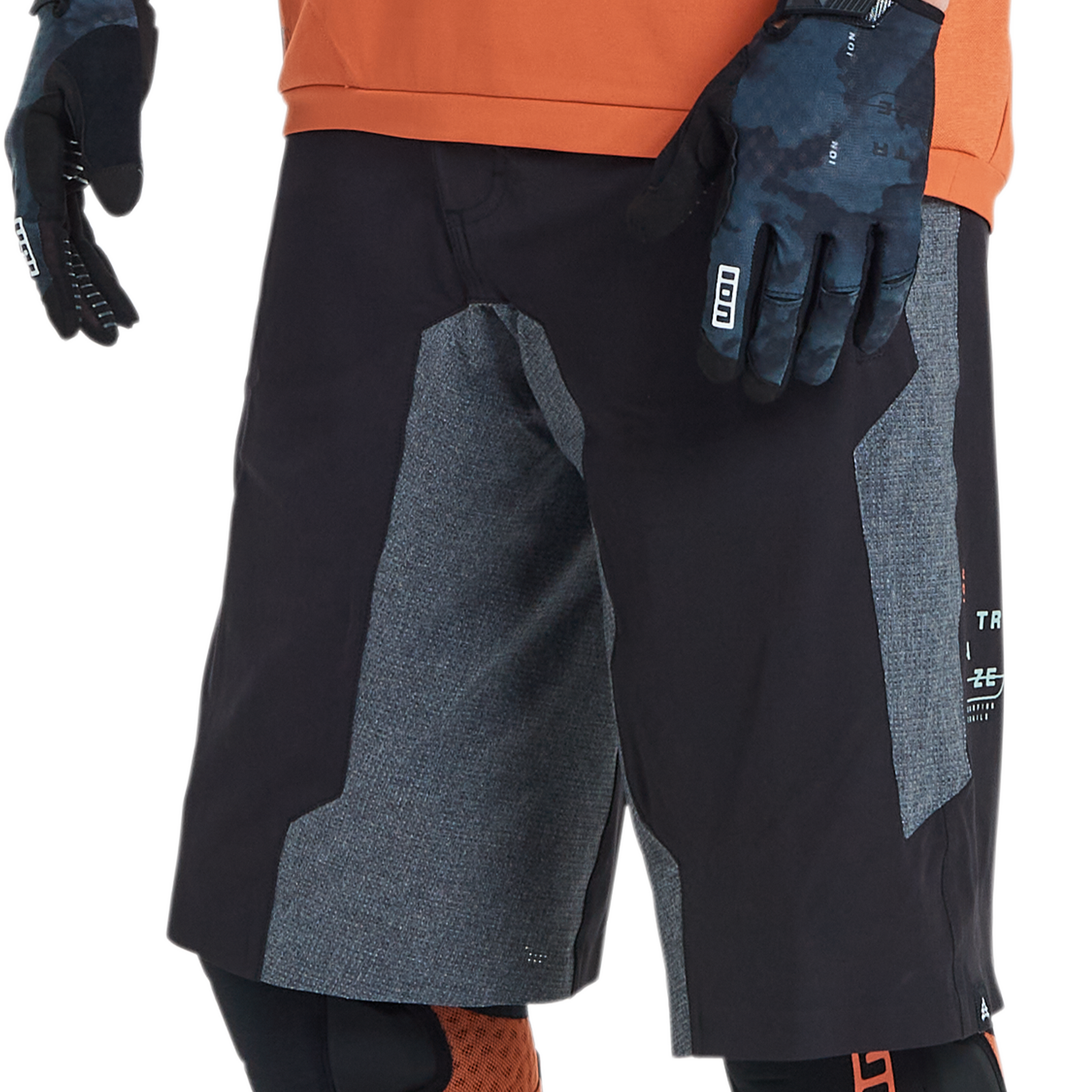ION Traze Amp AFT cycling shorts for men in black and dark grey for mountain biking