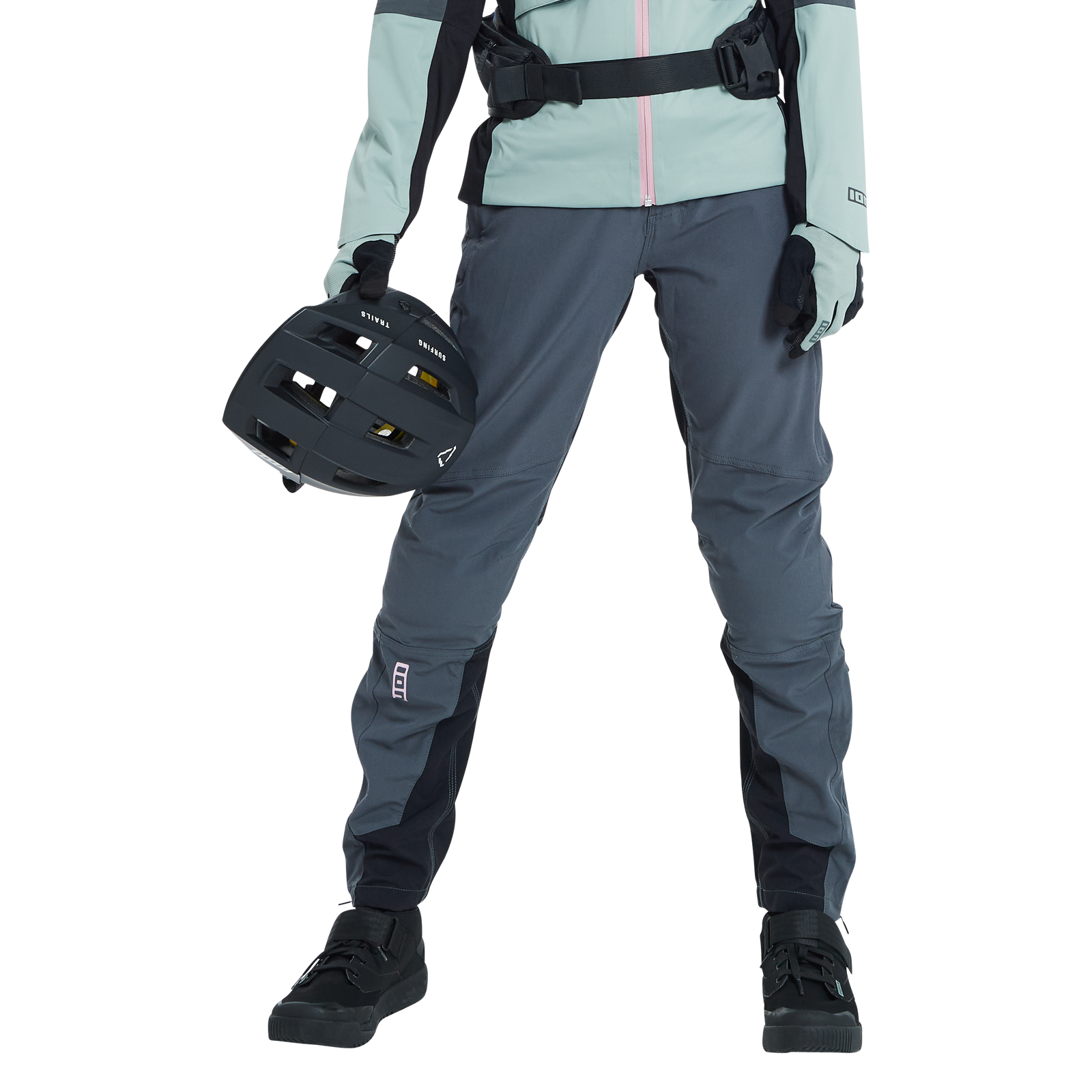 Pantaloni da ciclismo ION Shelter 4W Softshell donna in grigio ardesia con pannelli rinforzati neri
