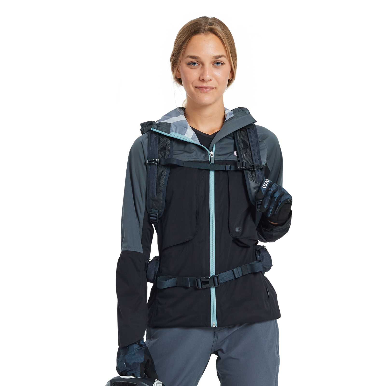 ION Shelter 3L women's cycling jacket in black and grey with helmet-compatible hood for mountain biking