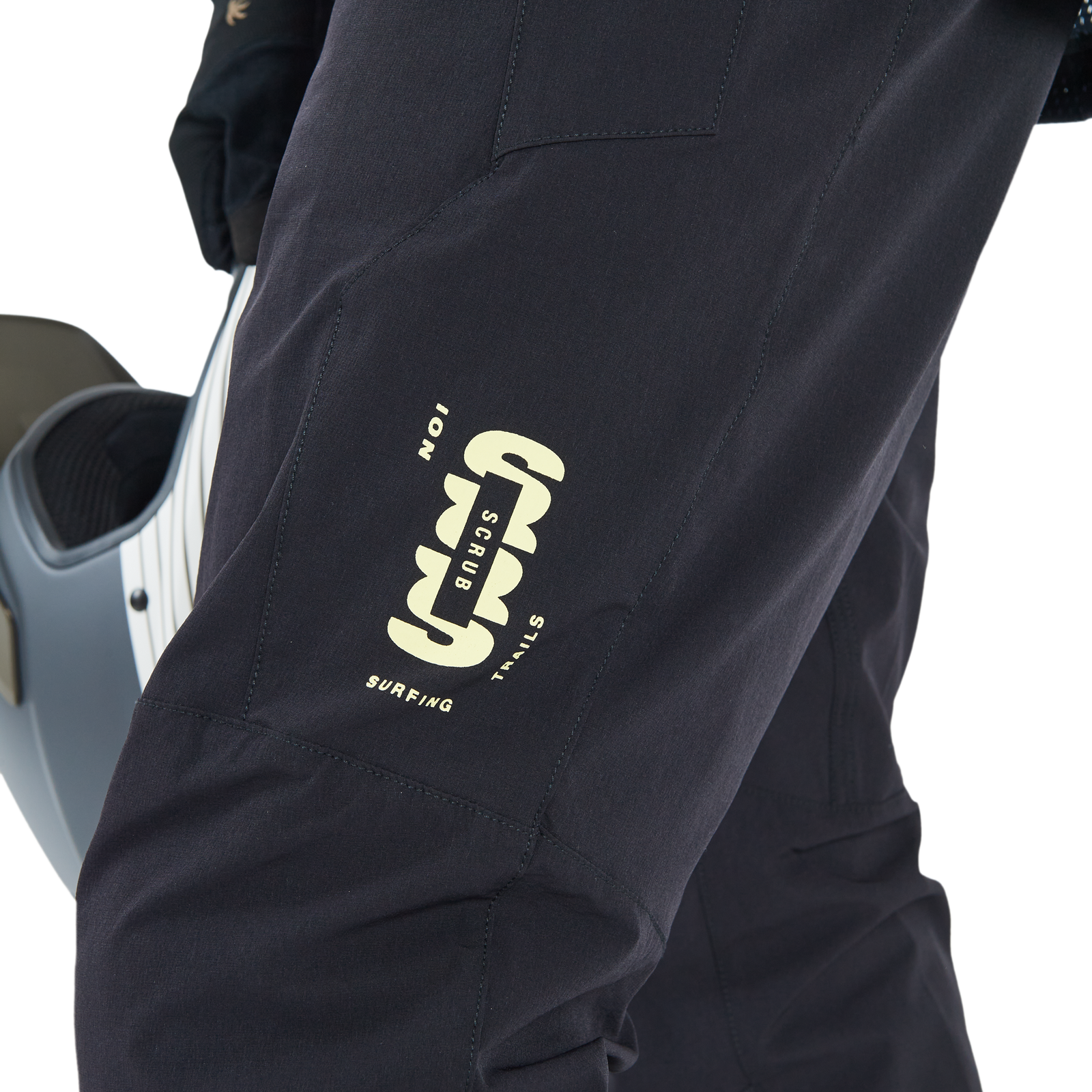 ION Bike Scrub unisex cycling pants in black, outer thigh logo detail for mountain biking
