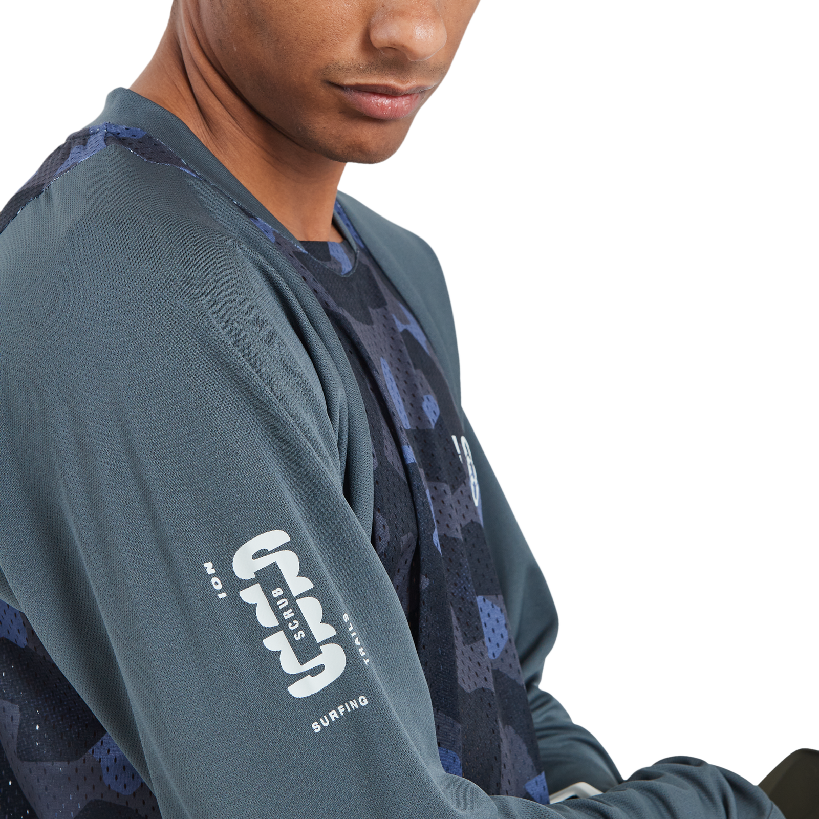 ION Bike Scrub LS men's long sleeve cycling jersey in slate grey with mesh ventilation panels for mountain biking