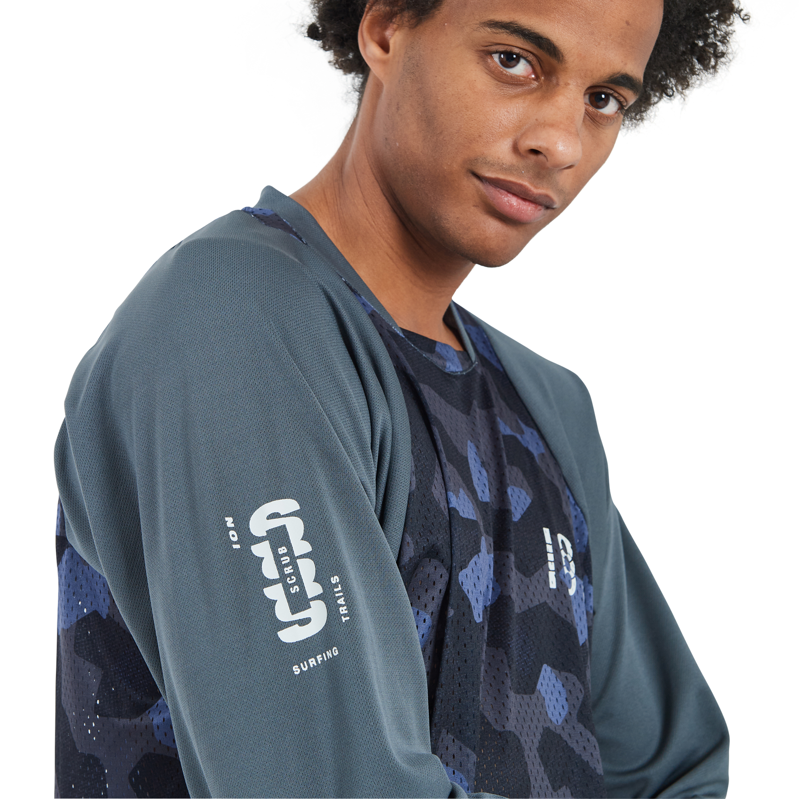 ION Bike Scrub LS long-sleeve jersey in slate blue with camo mesh panels for mountain biking