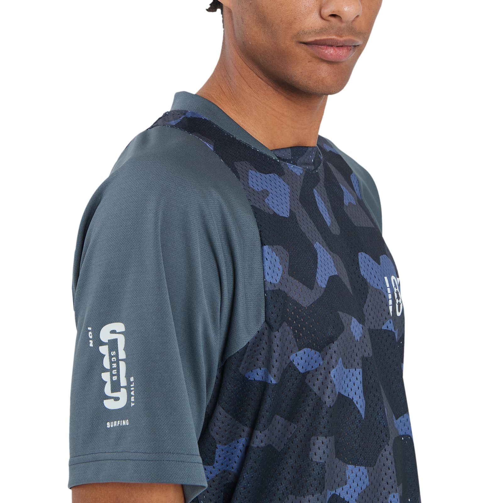 ION Bike Scrub SS men's cycling jersey in slate blue with camo mesh front panel for enduro and mountain biking