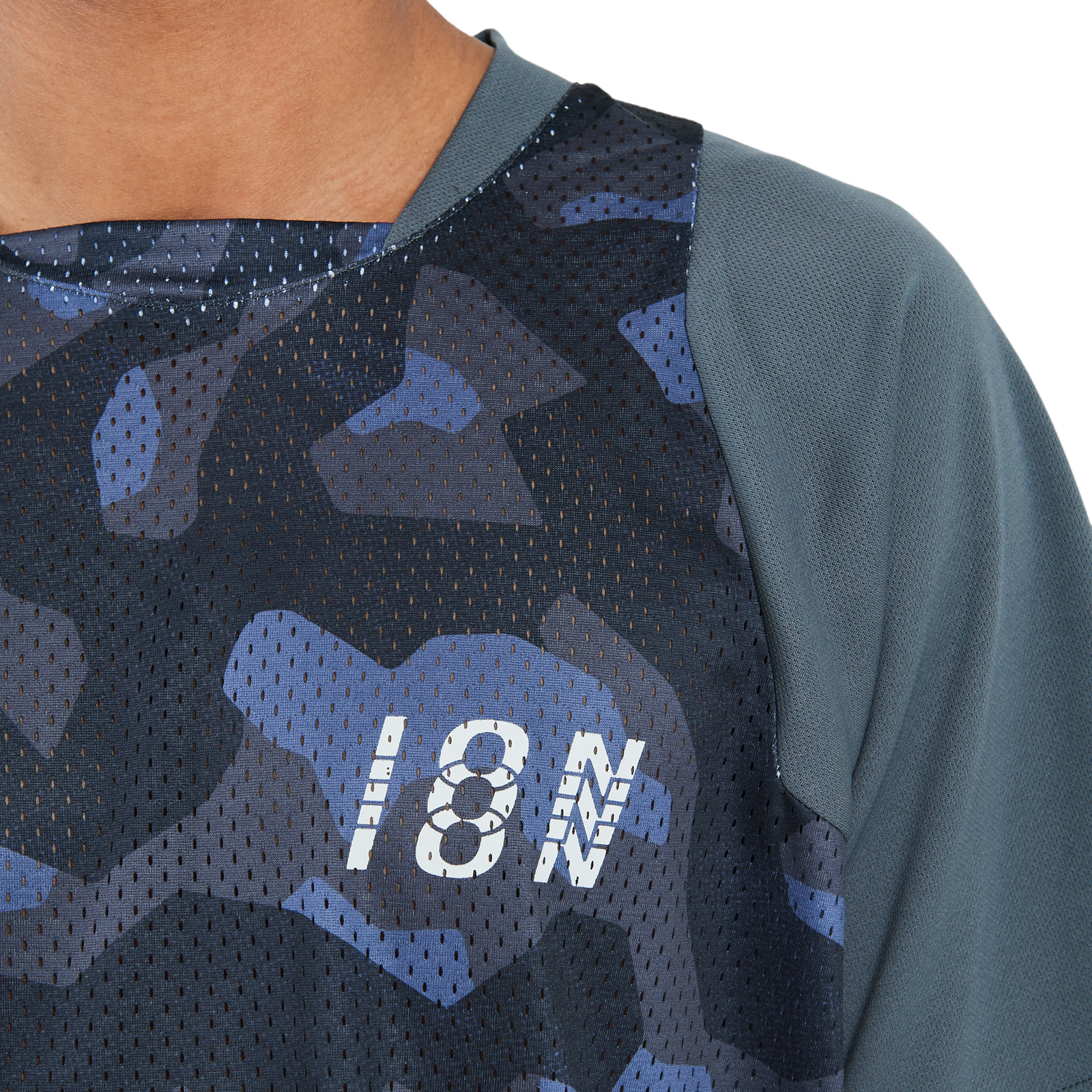 ION Bike Scrub SS men's cycling jersey in dark navy camo with mesh ventilation for enduro and downhill