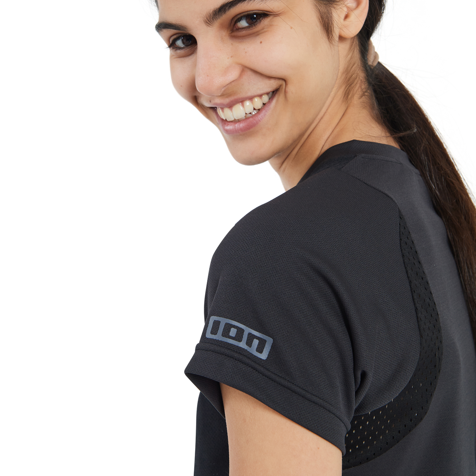 ION Bike Scrub Amp Damen Kurzarm-Radtrikot in charcoal schwarz mit Mesh-Panel für Mountainbiking