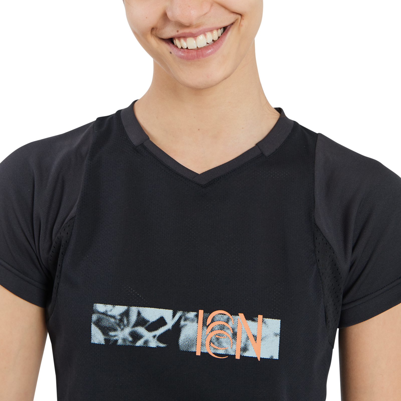 ION Bike Scrub Amp Kurzarm-Bikejacke für Damen in schwarz mit grafischem Frontpanel für Enduro und Bikepark