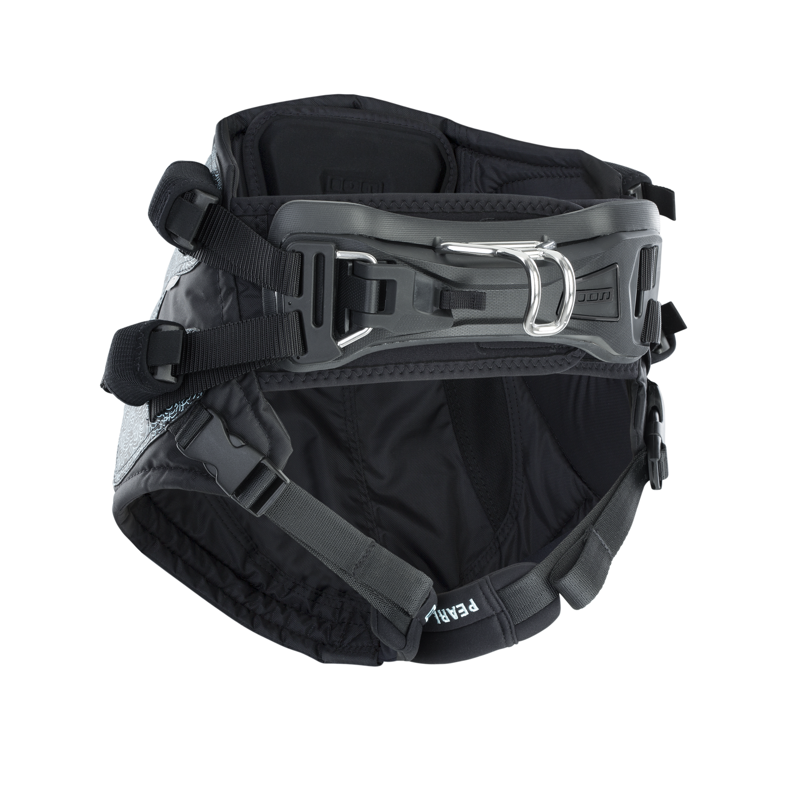ION Pearl seat harness in black with spreader bar hook and padded back plate