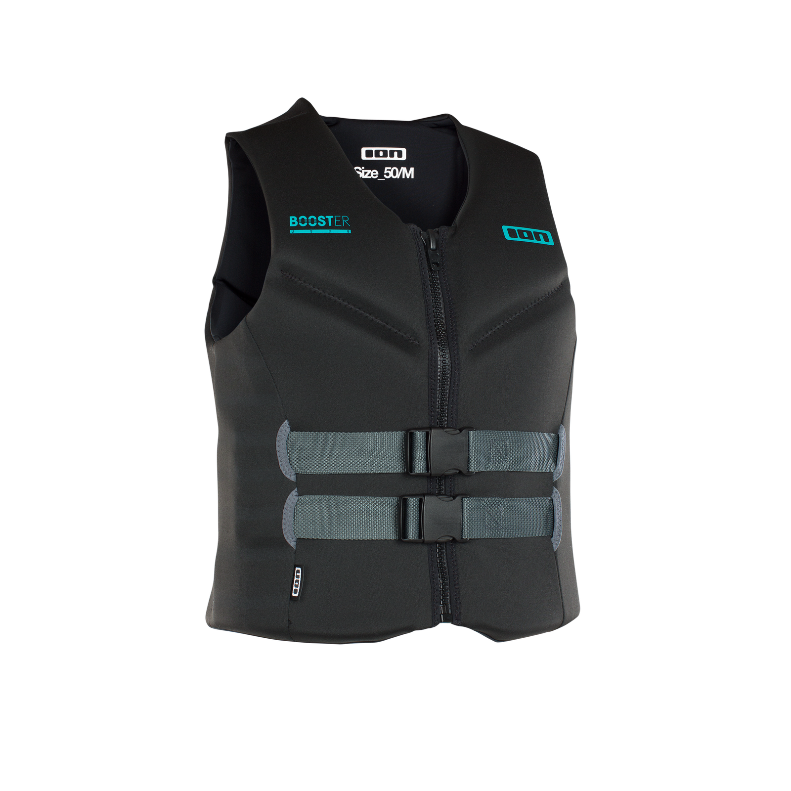 ION Booster 50N front-zip impact vest in black and teal, front view