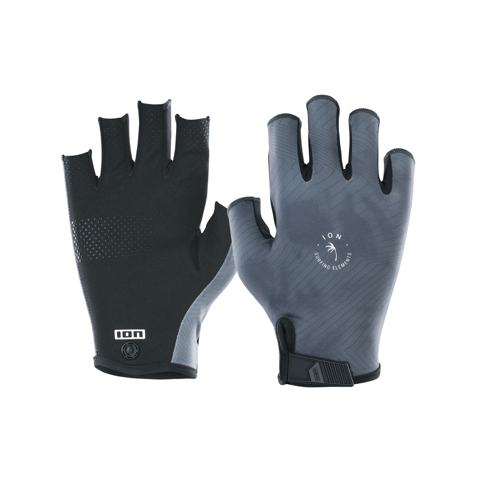 ION Amara Halbfinger-Handschuhe in schwarz und grau mit Velcro-Verschluss für Kitesurfen und Wing Foiling