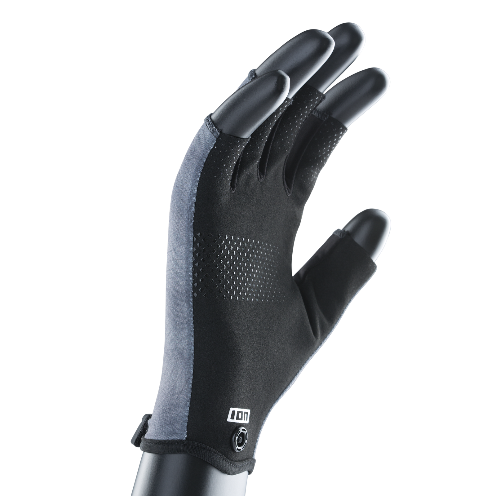 ION Amara Halbfinger-Handschuh in schwarz und grau mit Velcro-Verschluss und Grip-Handfläche