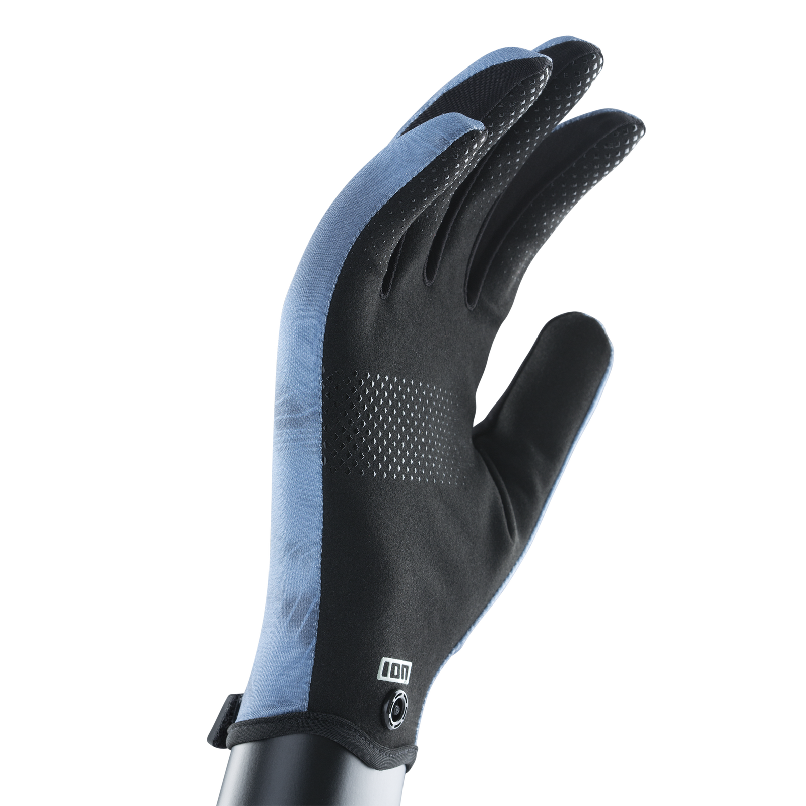 Gant doigts complets ION Amara en noir et bleu ardoise avec motif grip pour kitesurf et wing foiling