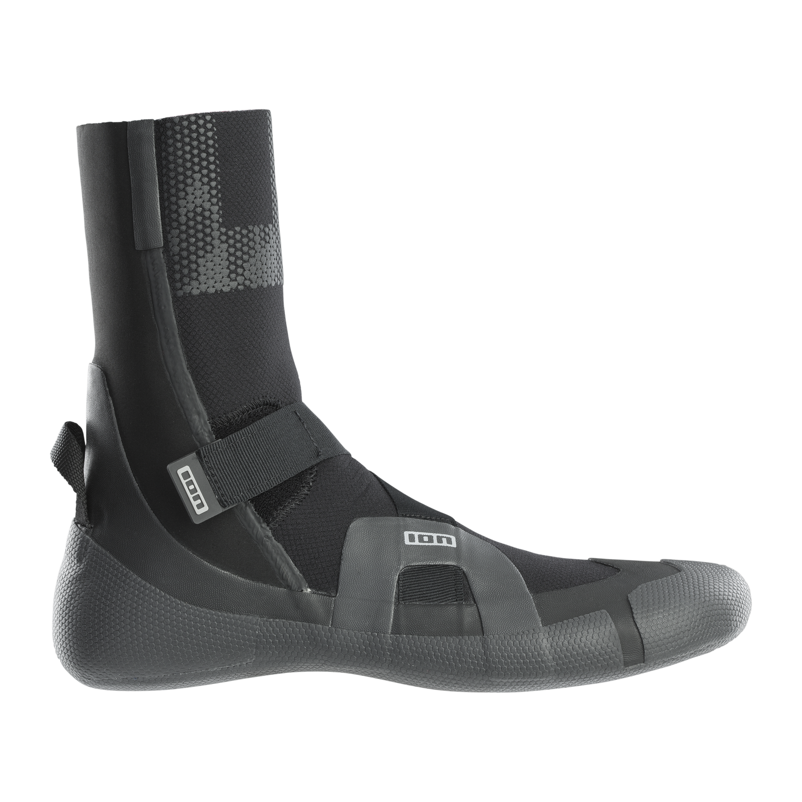 ION Ballistic neoprene boots 3/2mm round toe in black with velcro strap, side view