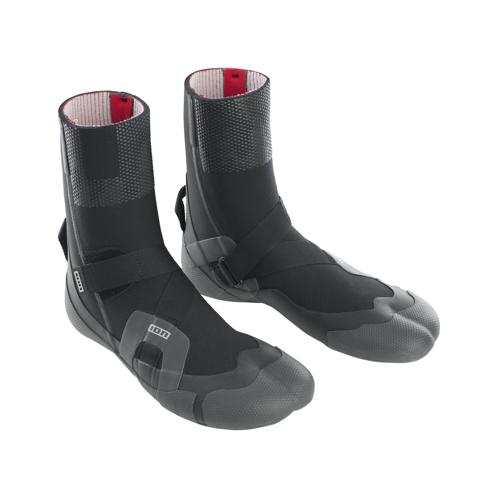 ION Ballistic neoprene boots 6/5mm internal split toe in black and grey with velcro strap and Aramid outsole