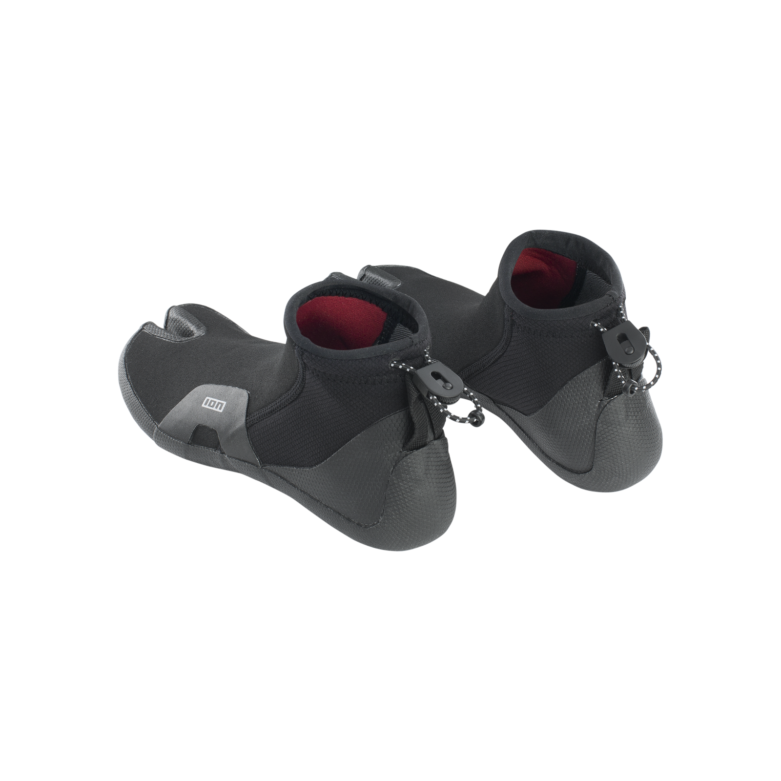 ION Ballistic Toes 2.0 external split neoprene boots in black with draw cord closure and red lining