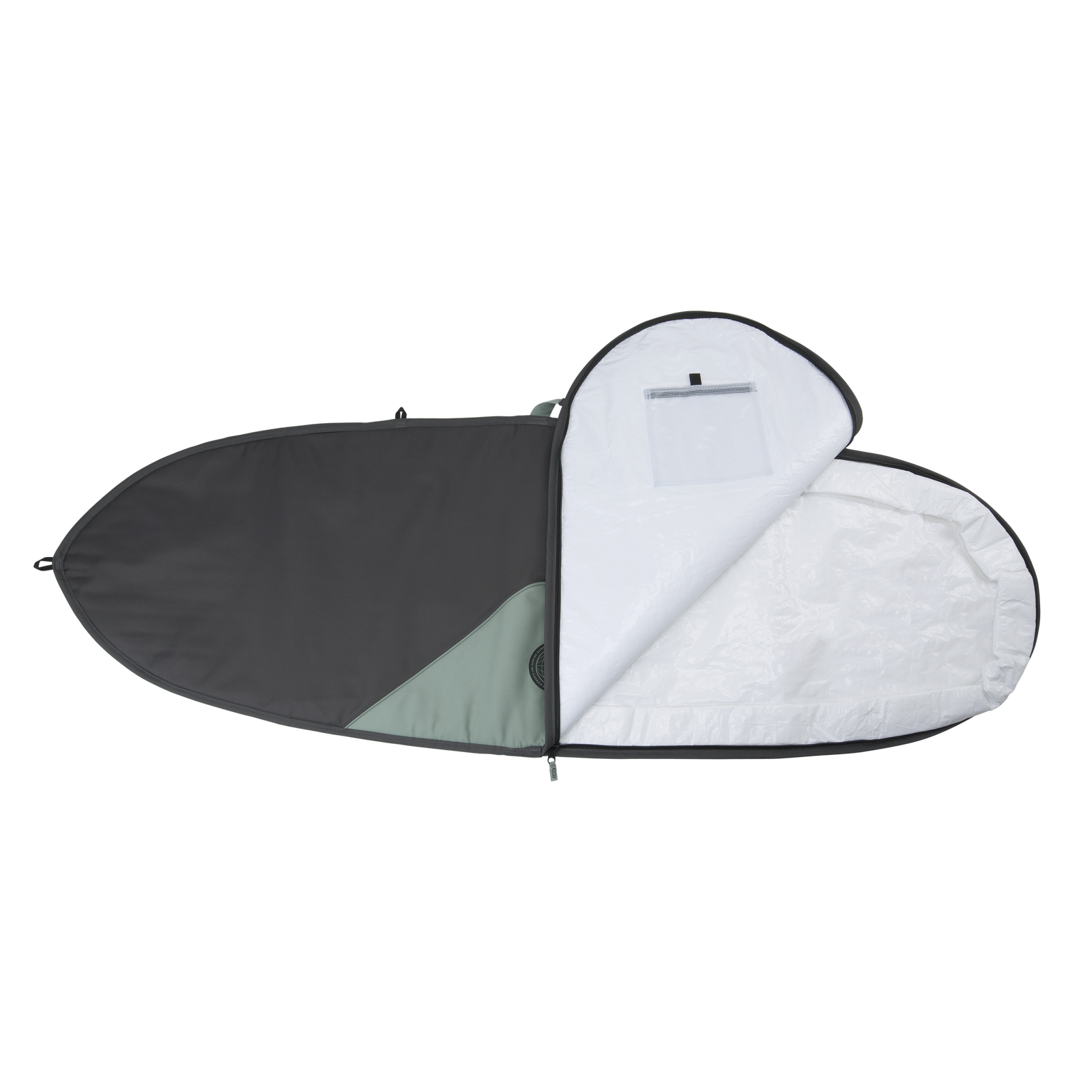 ION Surf Boardbag Core housse de surf ouverte en gris anthracite et vert sauge avec intérieur blanc