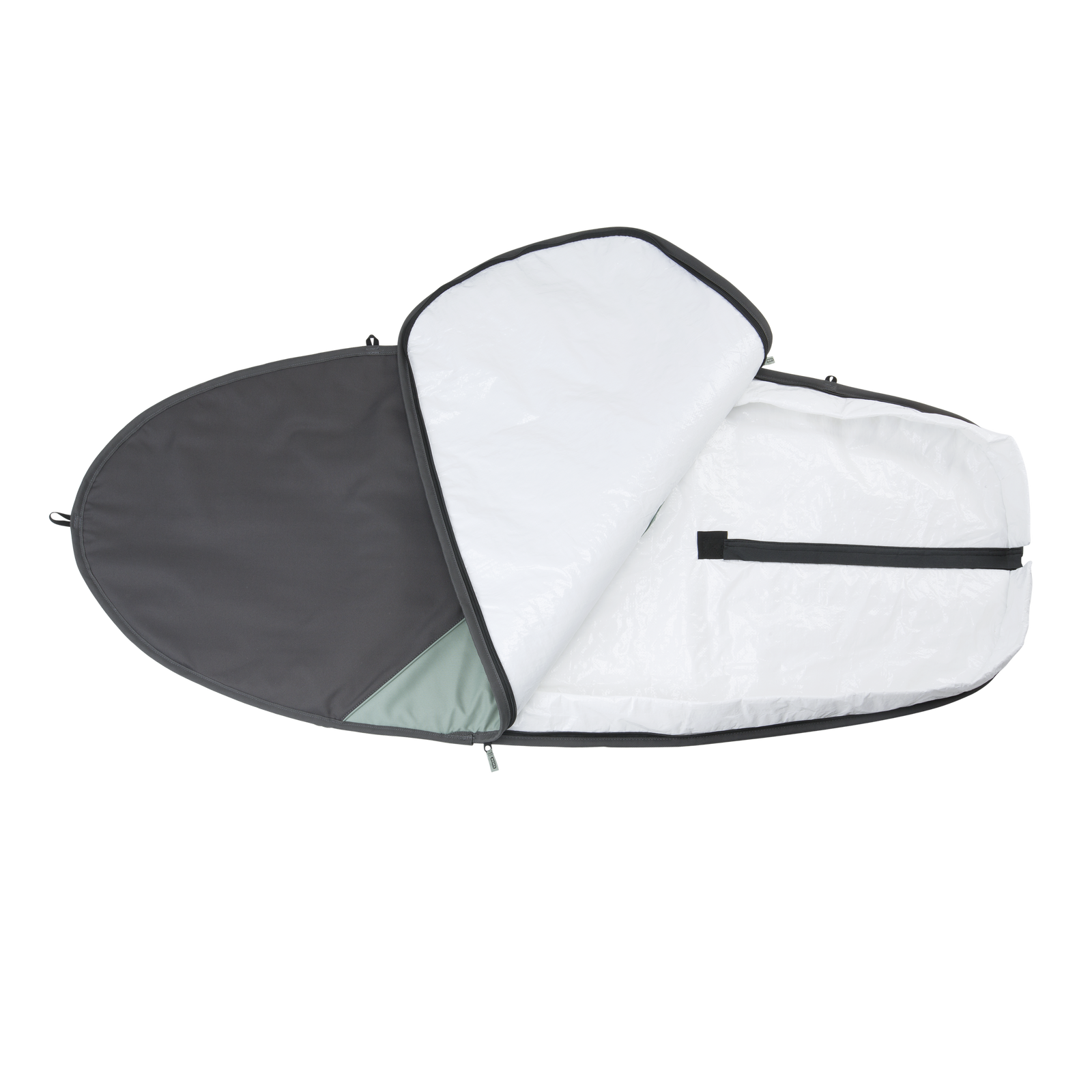 ION Wing Boardbag Core open from above in dark charcoal grey with white padded interior and interior zip pocket