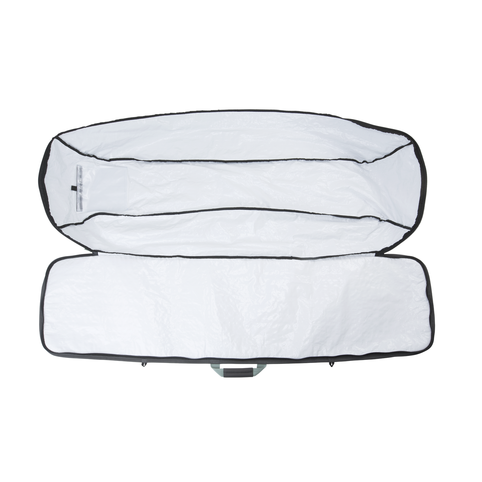 ION Wake Boardbag Core 148x45cm in dark charcoal, open interior view with white PE lining
