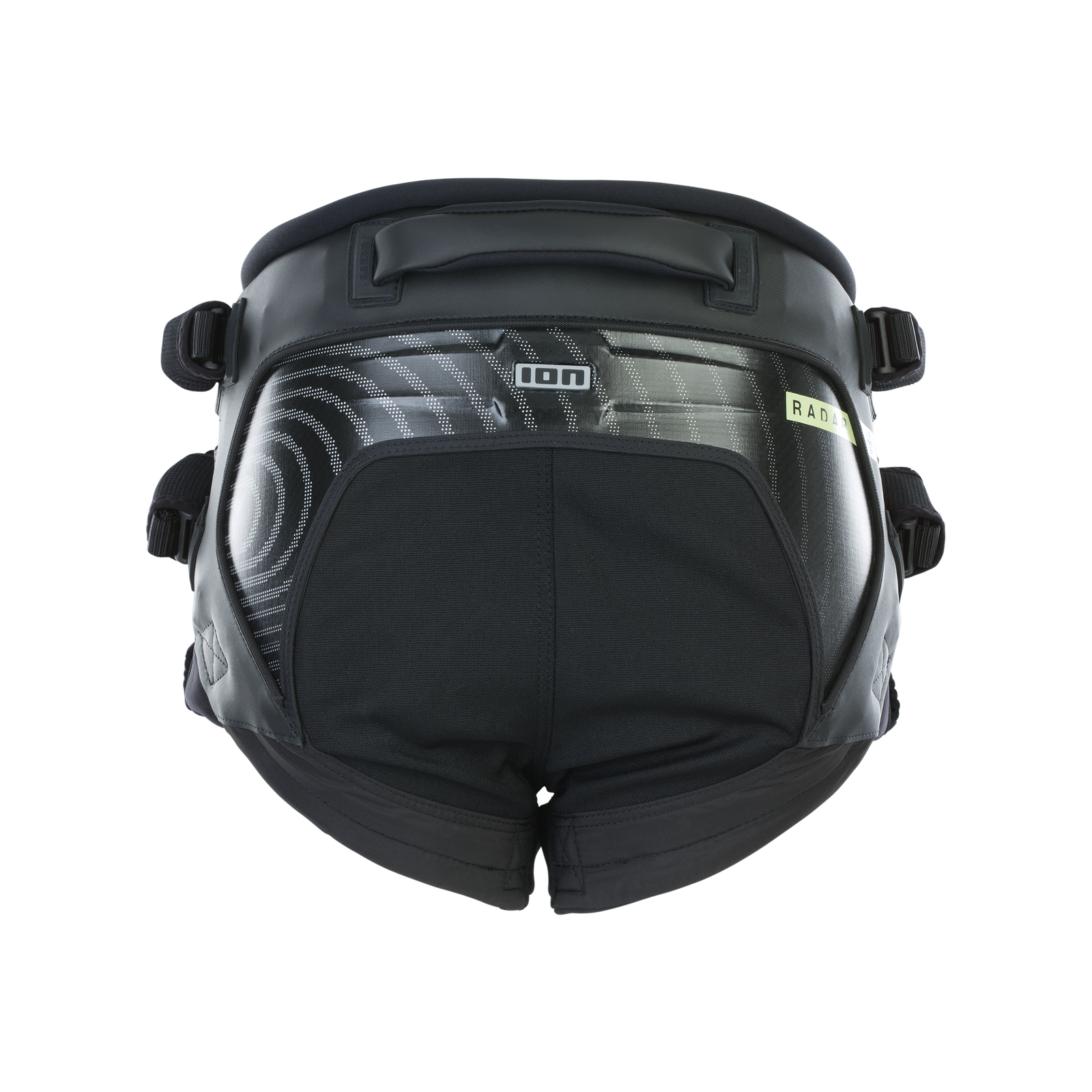ION Radar seat harness in black with Curv back plate, back view