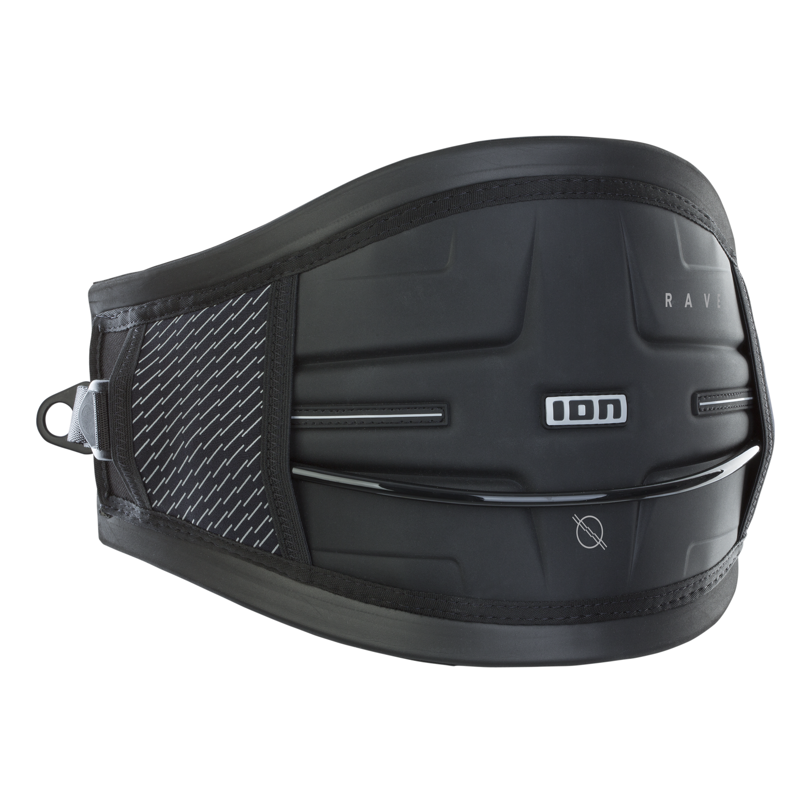 ION Rave waist harness in black with sliding hook and molded EVA shell