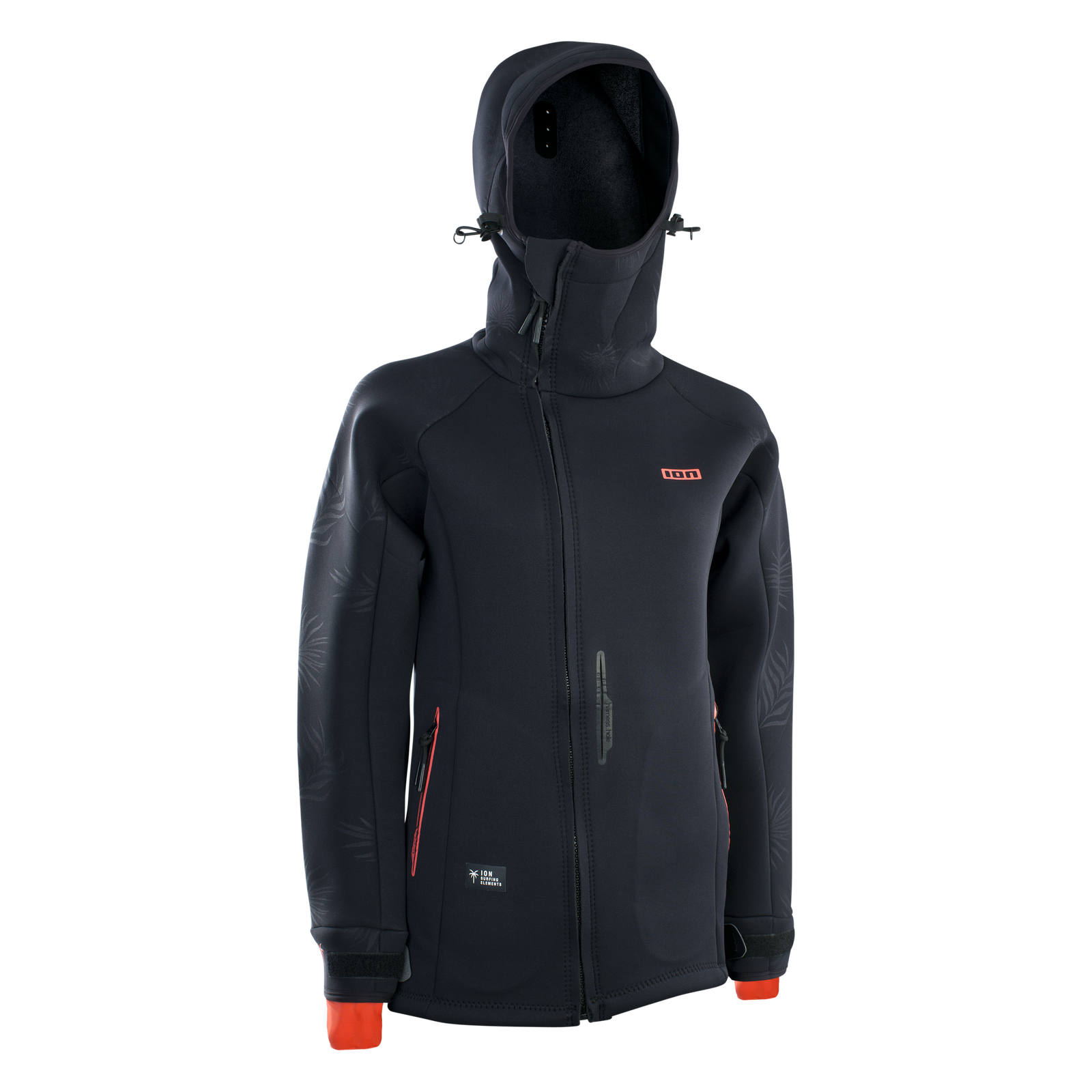 ION Neo Shelter Jacket Amp casaco de neopreno feminino 2mm em preto com punhos laranja-vermelho e capuz ajustável