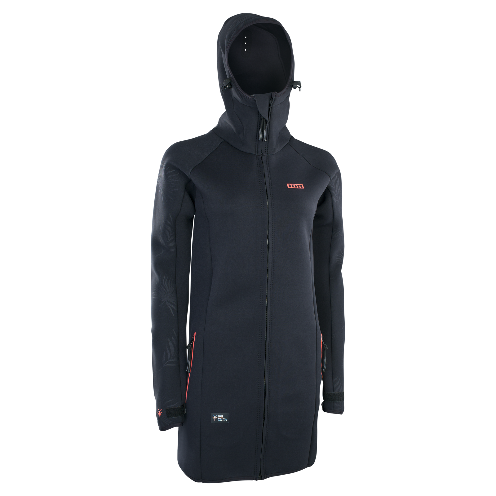 ION Neo Cosy Coat Core manteau néoprène femme en noir avec accents corail, capuche et fermeture éclair