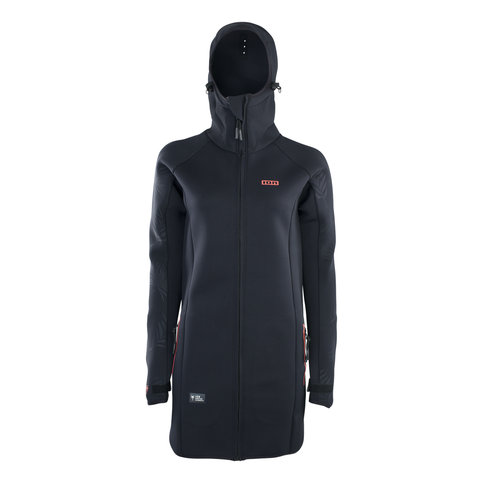 ION Neo Cosy Coat Core manteau en néoprène femme en noir avec capuche ajustable, vue de face