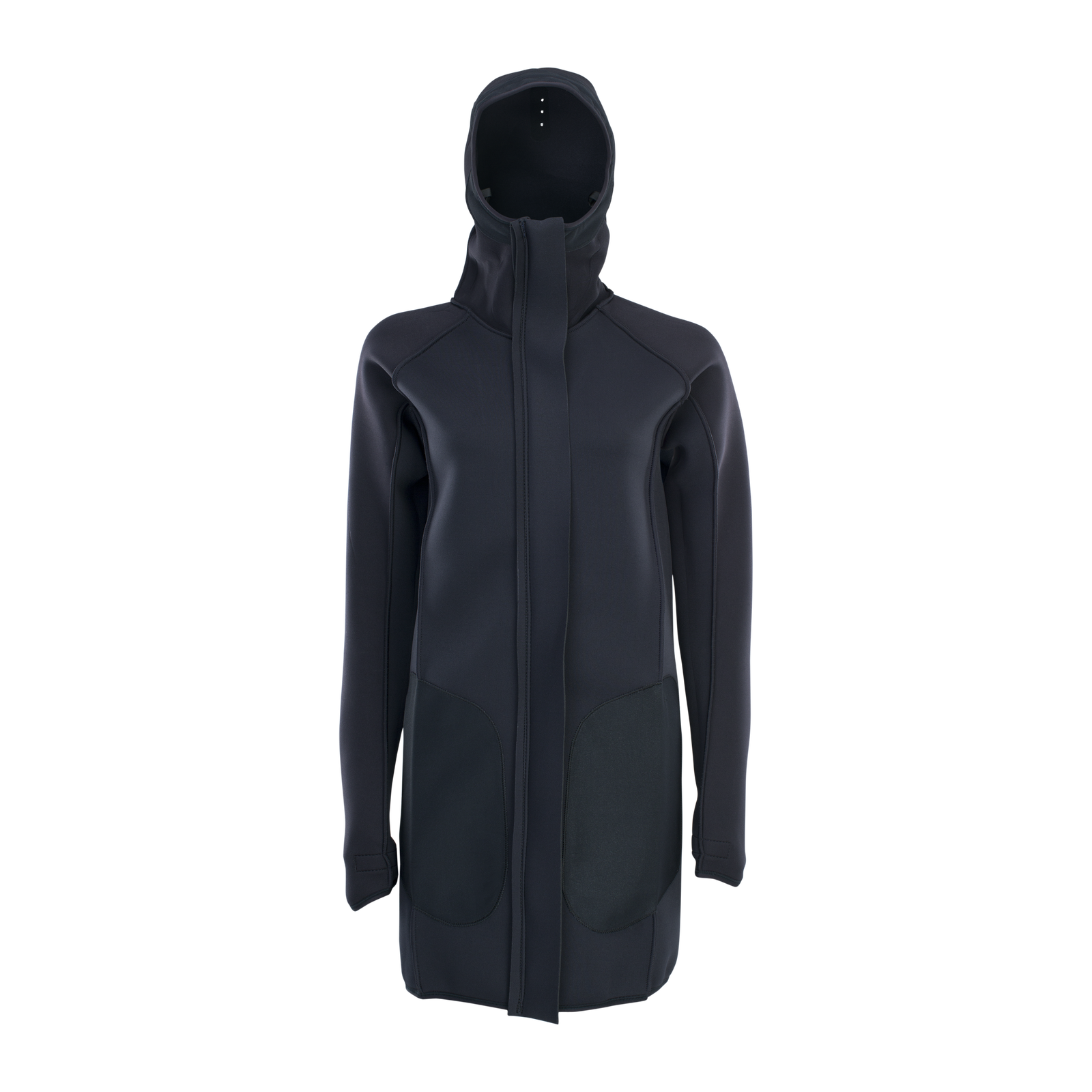 ION Water Neo Cosy Coat Core manteau néoprène femme en noir charbon avec capuche ajustable et zip