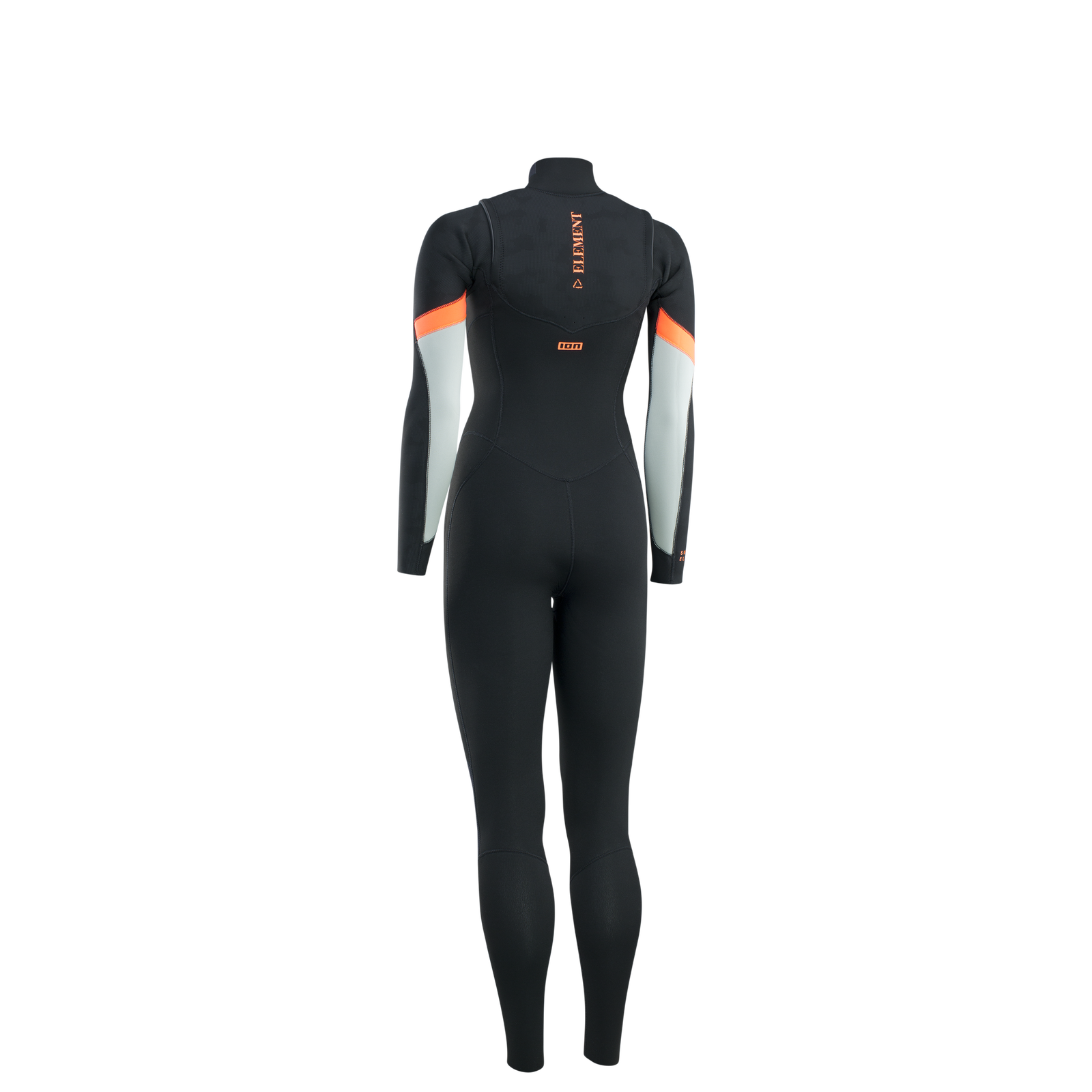 ION Element fato de neoprene 3/2mm fecho frontal mulher em preto, cinzento claro e laranja – vista traseira