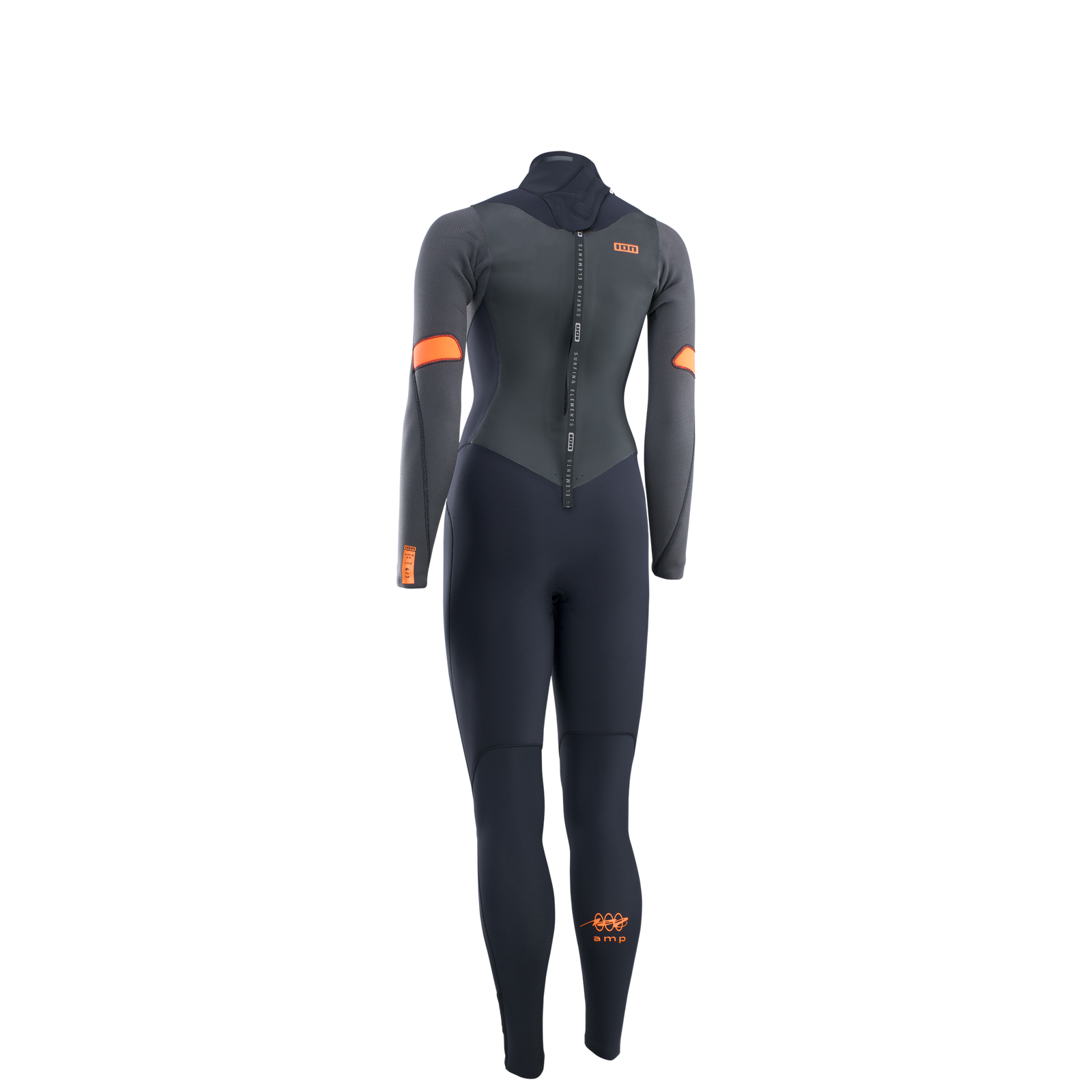 ION Amaze Amp 5/4 mm Backzip Neoprenanzug in schwarz und grau mit orangen Akzenten, Rückansicht