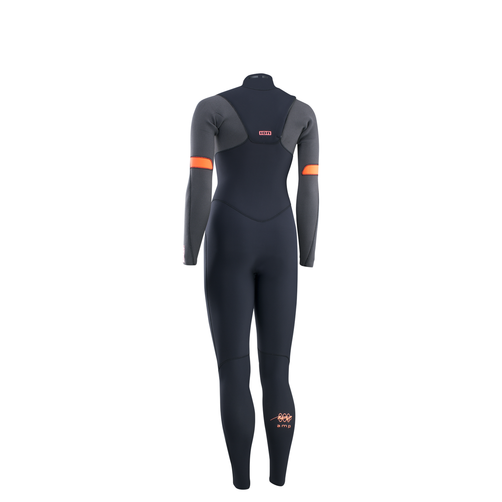 Fato de mergulho ION Amaze Amp 3/2mm zip frontal em preto, cinzento e laranja – vista traseira