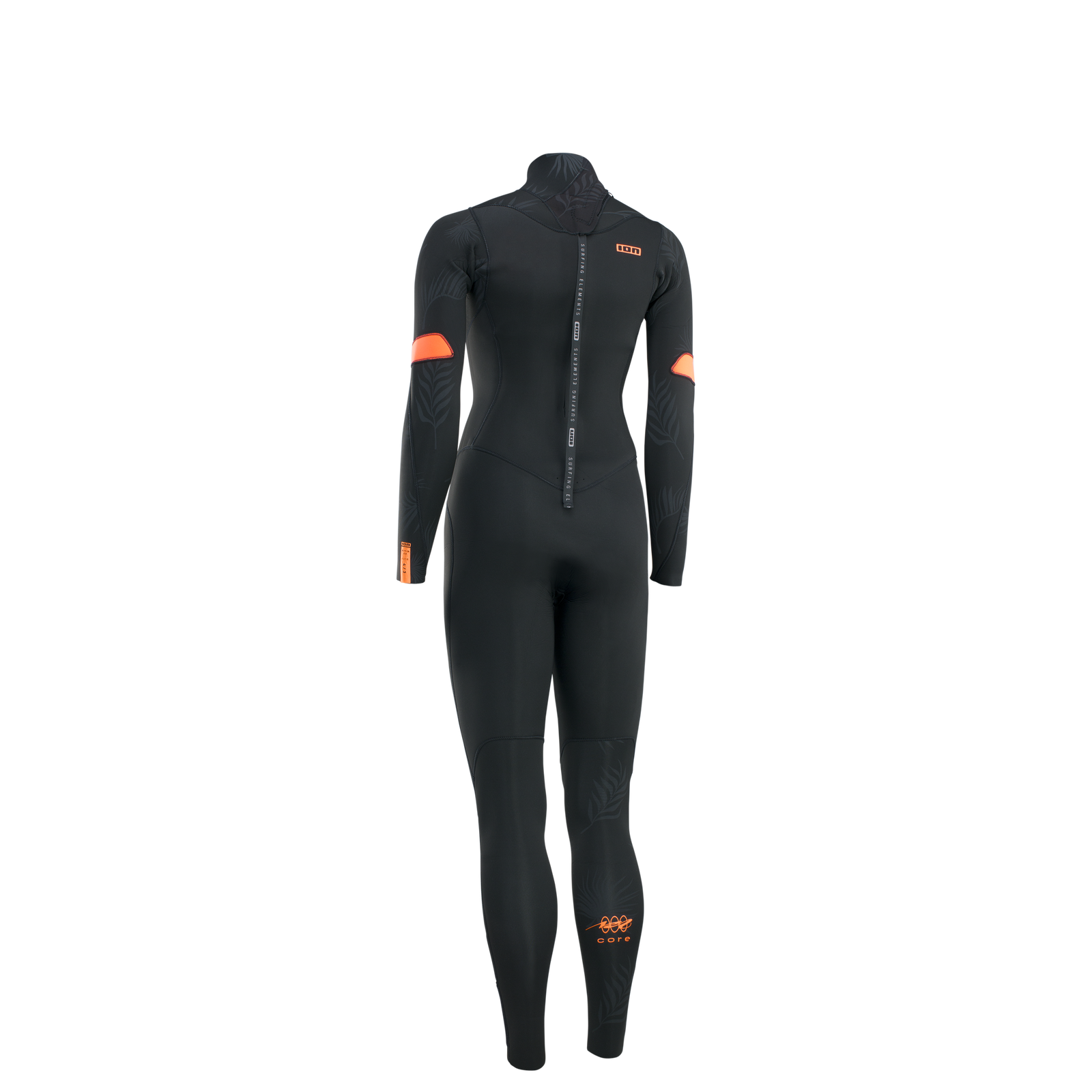 ION Amaze Core 5/4mm back-zip fullsuit wetsuit in black and orange – back view